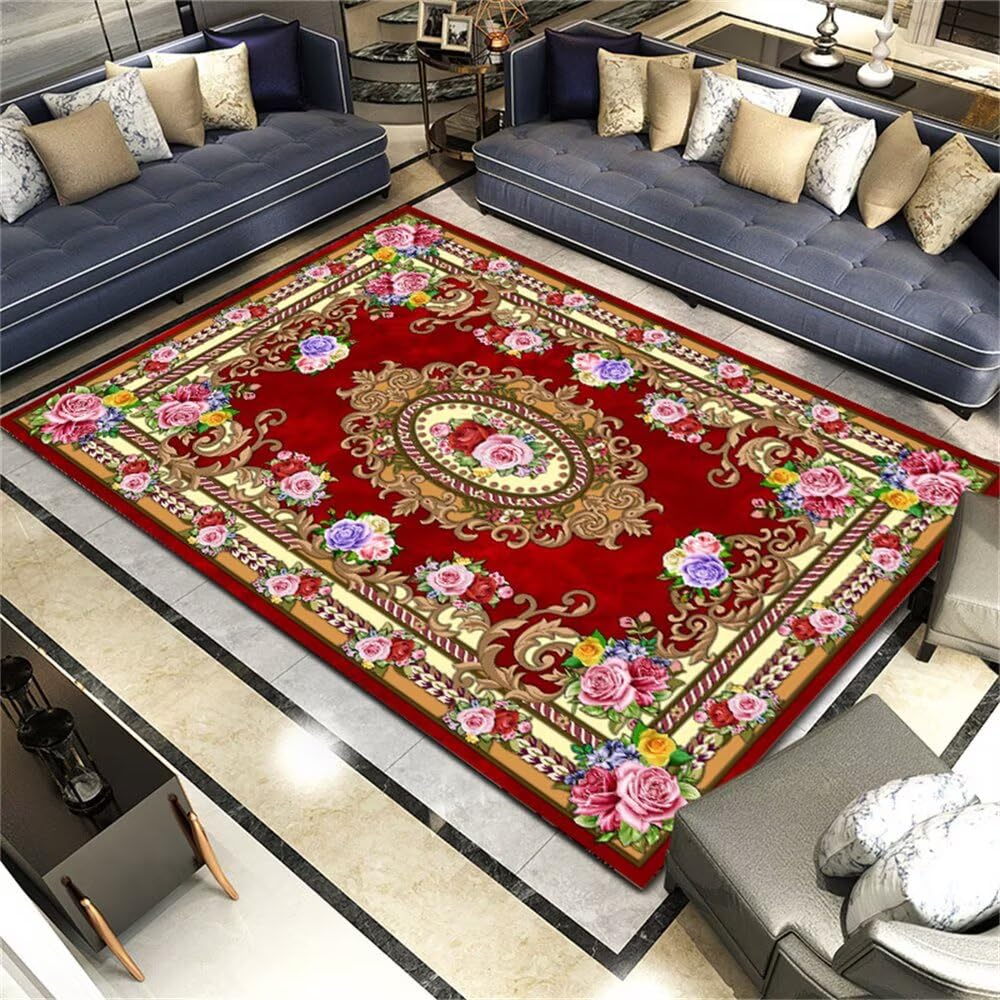 Tapis antidérapants salon grand modèle rouge floral rose 100x200
