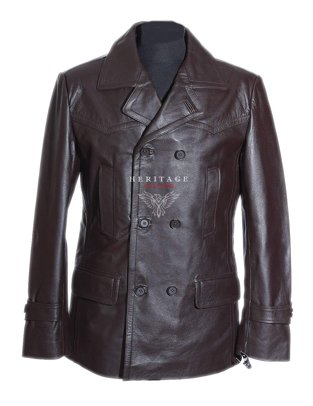 H.E Kriegsmarine Brown Men's German Reefer WW2 Military Cowhide Leather Deck Jacket Pea Coat (L)