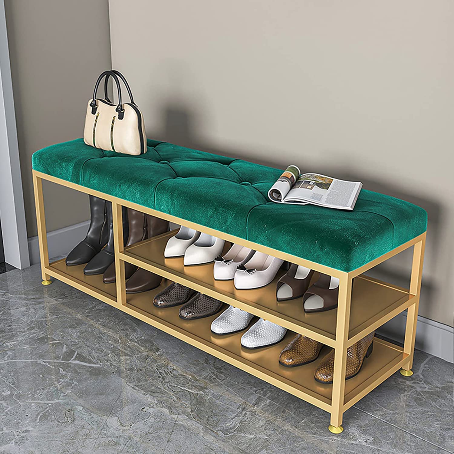 Banc pour chaussures compact vert pour optimiser un petit couloir