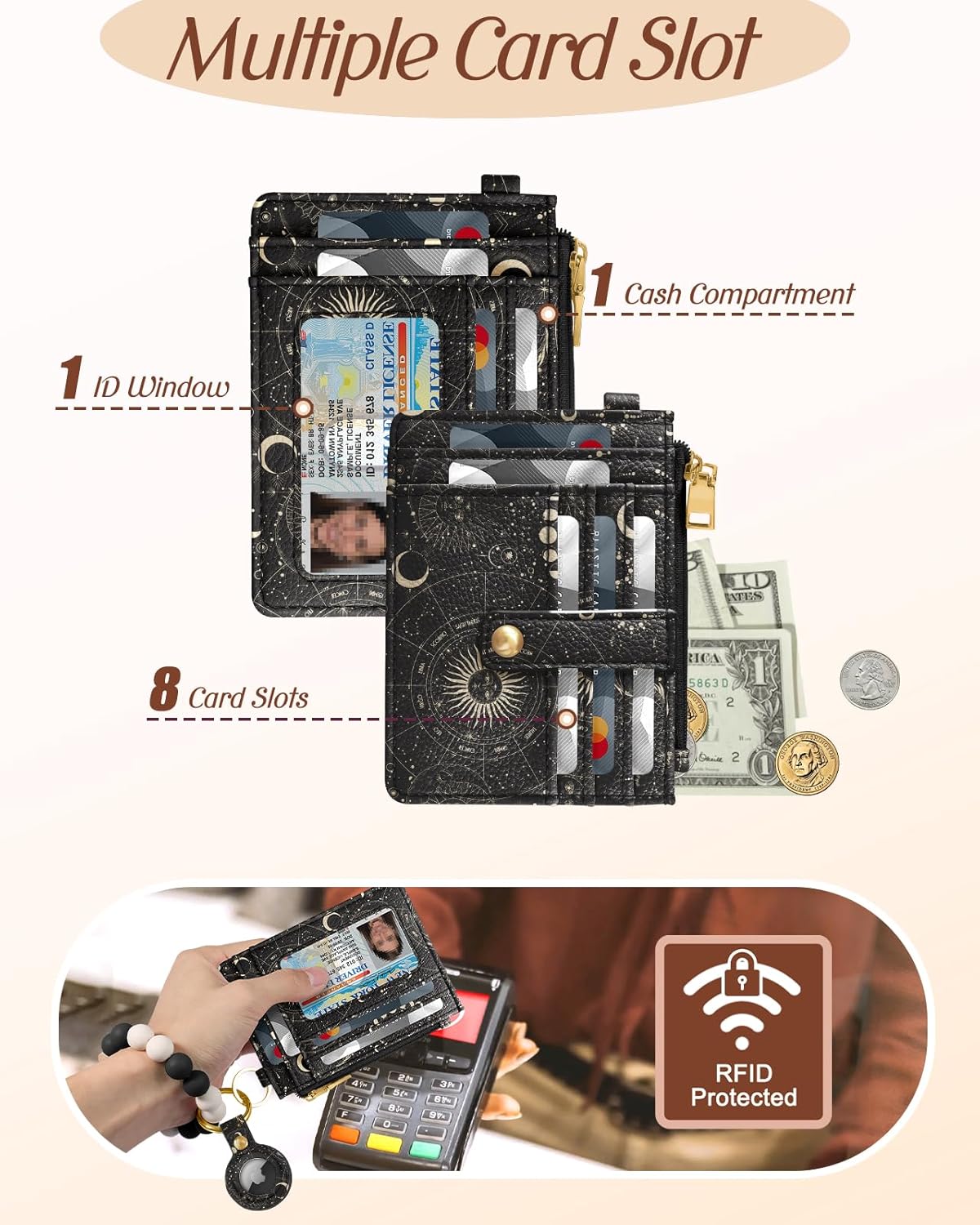 Wallet Keychain Wristlet for Women with AirTag Holder - Cute Design Credit Card Holder Wallets Key Chain Ring Slim Small RFID Air Tag Coin Pocket Purse for Ladies Girls Female,Astrolabe - Image 4