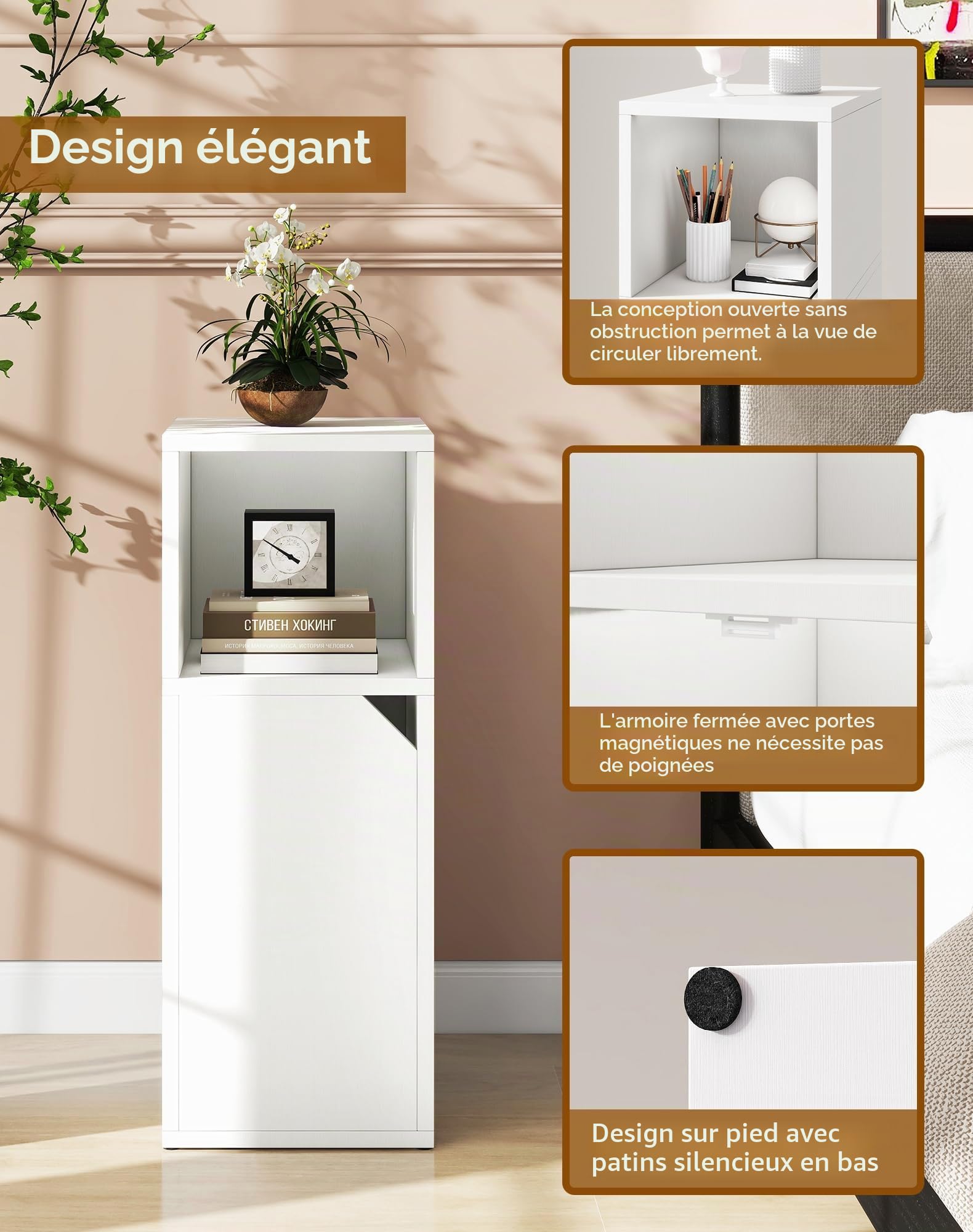 YMYNY Lot de Tables de Chevet Étroite, Table d'appoint, Compartiment Ouvert, Porte à Angle Biseauté, Plateau Réglable, L24 x P29 x H62 cm, en Bois, pour Chambre, Salon, Blanc HST016W-2