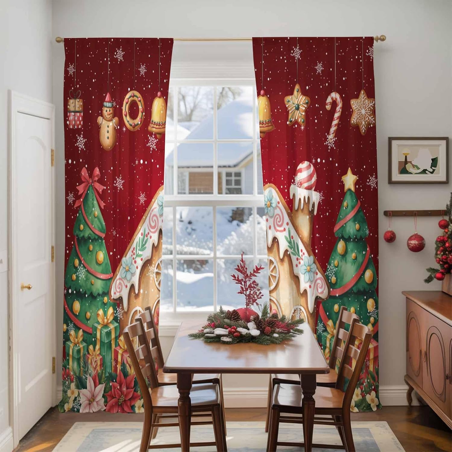 Christmas Tree Sheer Curtains 84 inches Long, Gingerbread House Candy Flower Winter Snow Red Rod Pocket Voile Window Curtain Light Filtering Drapes for Living Room/Bedroom, 2 Panels Set
