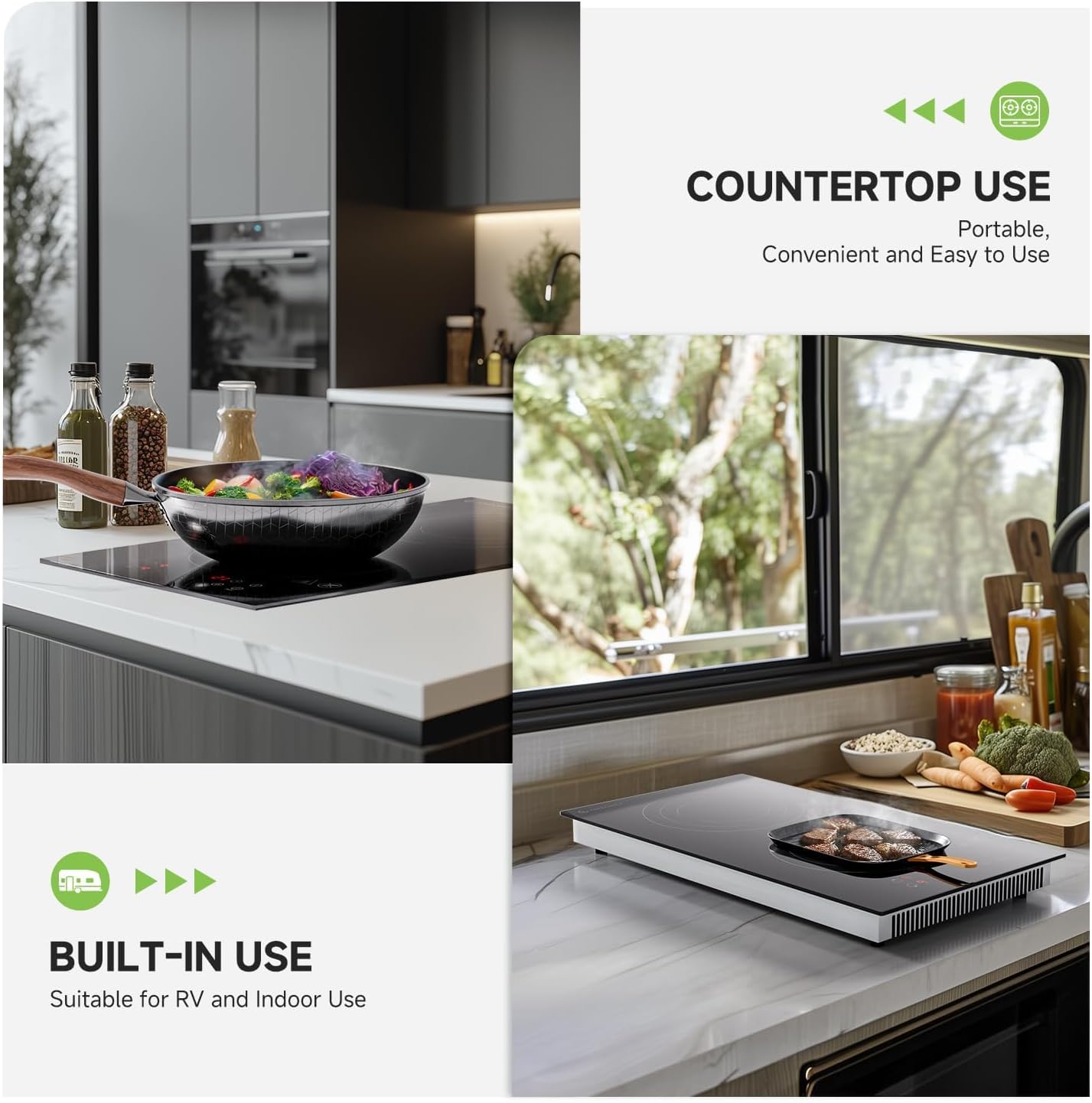 AMZCHEF Induction Hob showing countertop and built-in installation options