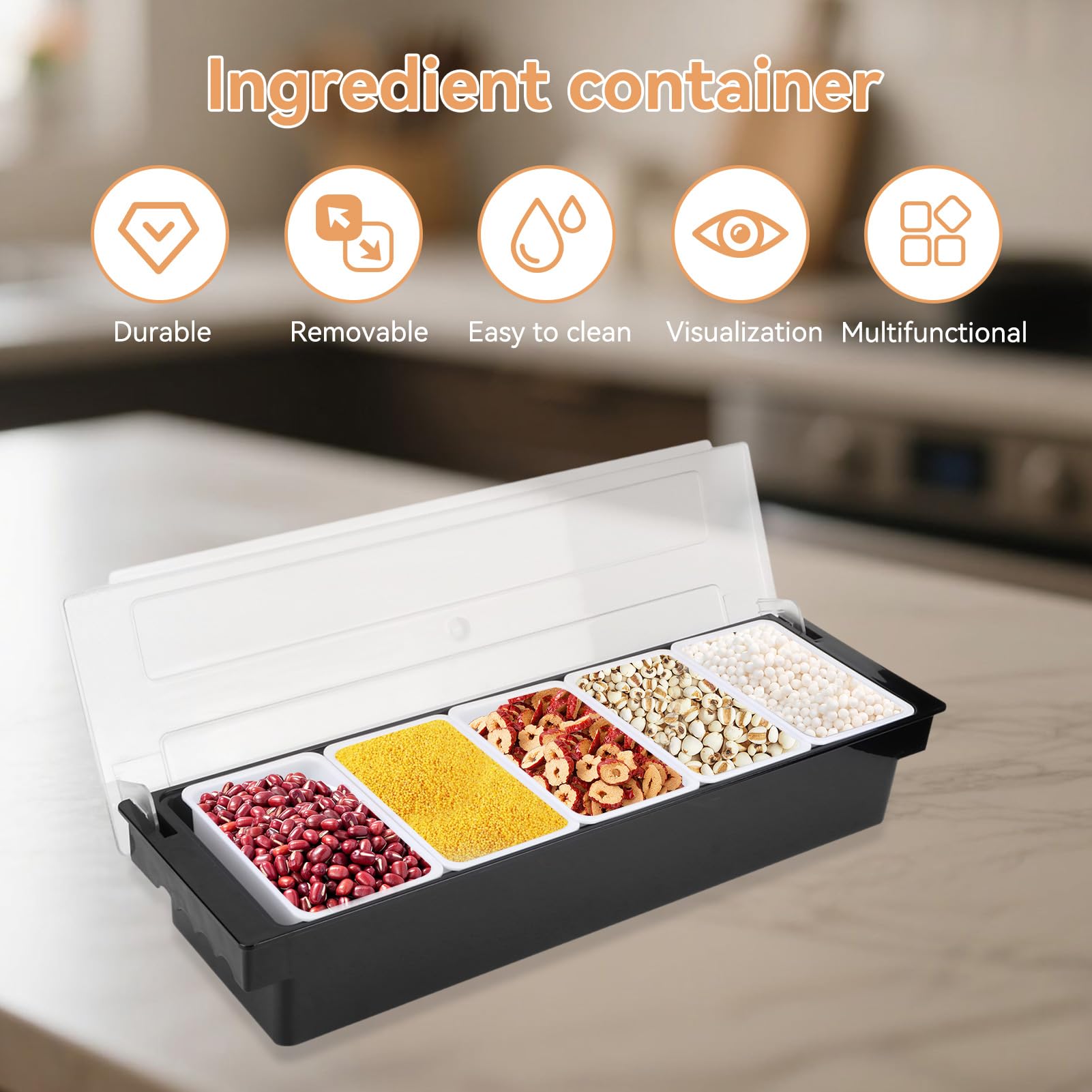 Distributeur de Condiments en Plastique, Plateau de Fruits, Garniture et Condiments 5 Compartment avec Couvercle pour Servir la Barre de Taco/Crème Glacée/Fruits/Salade