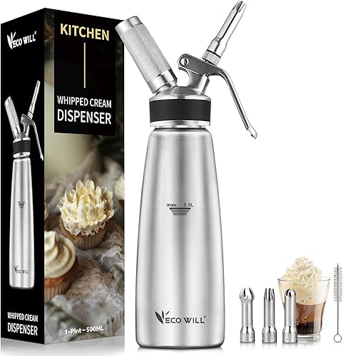 Batidor de crema profesional de acero inoxidable, 16.9 fl oz - Para crema batida perfecta, mousses de postre, cócteles y más - Fácil de usar y Acero