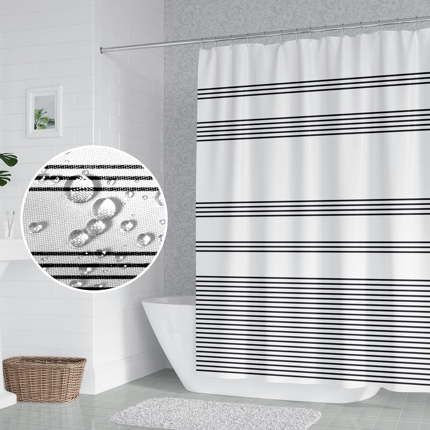 Black and White Bathroom Shower Curtain Abstract Stripes Geometric Lines Pattern Shower Curtain Polyester Waterproof Modern Minimalist Home Decor Bath Shower Curtain with Hooks, 72x72 Inch
