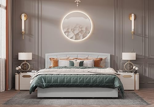 Miniatura 15 de BONSOIR Base de cama de almacenamiento tapizada de perfil bajo tradicional con cabecera copetuda y clavos, no necesita somier, 4 cajones