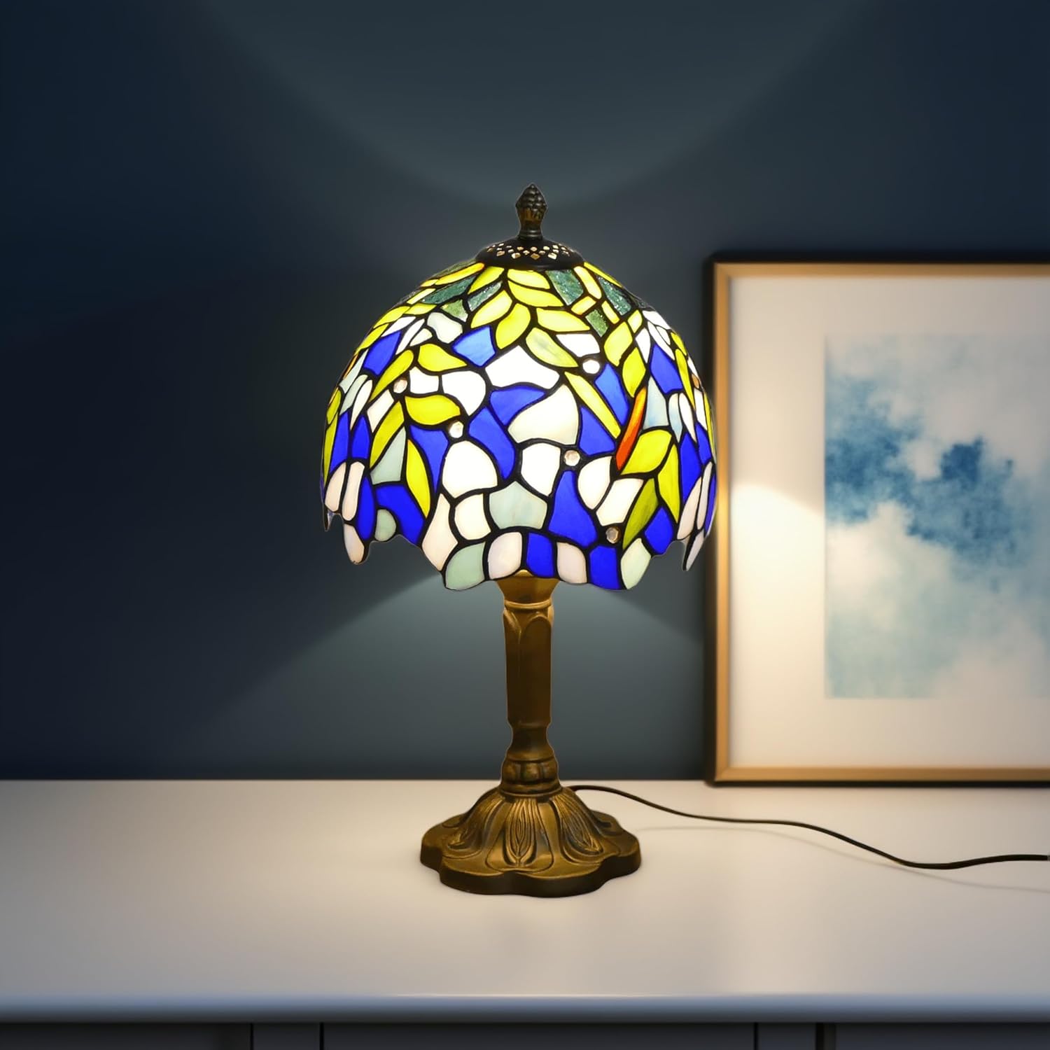 Tiffany Table Lamp Mini Nightstand Lamps Stained Glass Bedside Lamp Wisteria Night Lamp Reading Desk Light for Office Bar Bedroom Living Room,7.87 inch