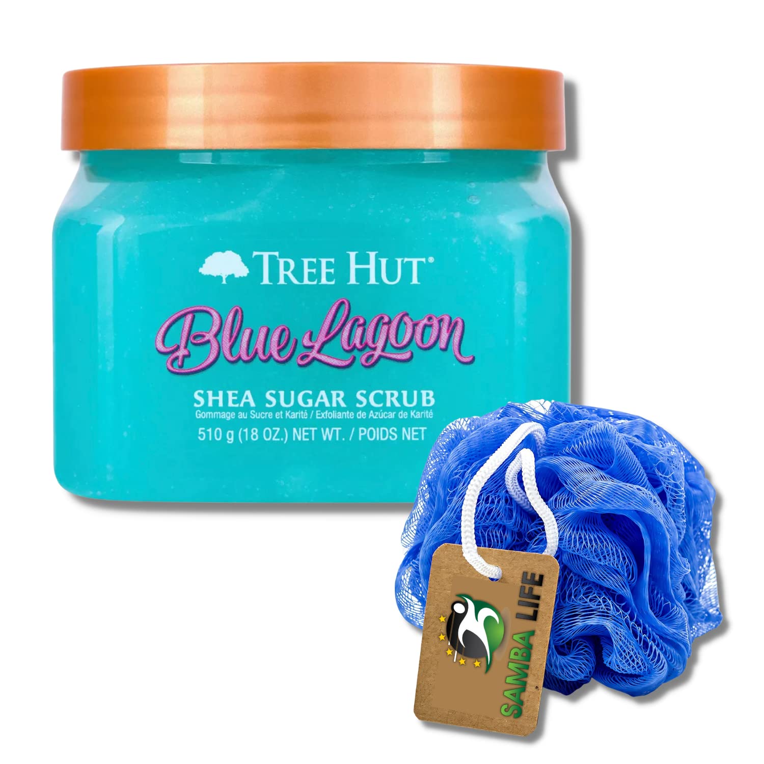Tree Hut Shea Sugar Scrub Blue Lagoon Bundle with Samba Life Mesh Bath and Shower Sponge for a Exfoliating Body Scrubber and eBook.