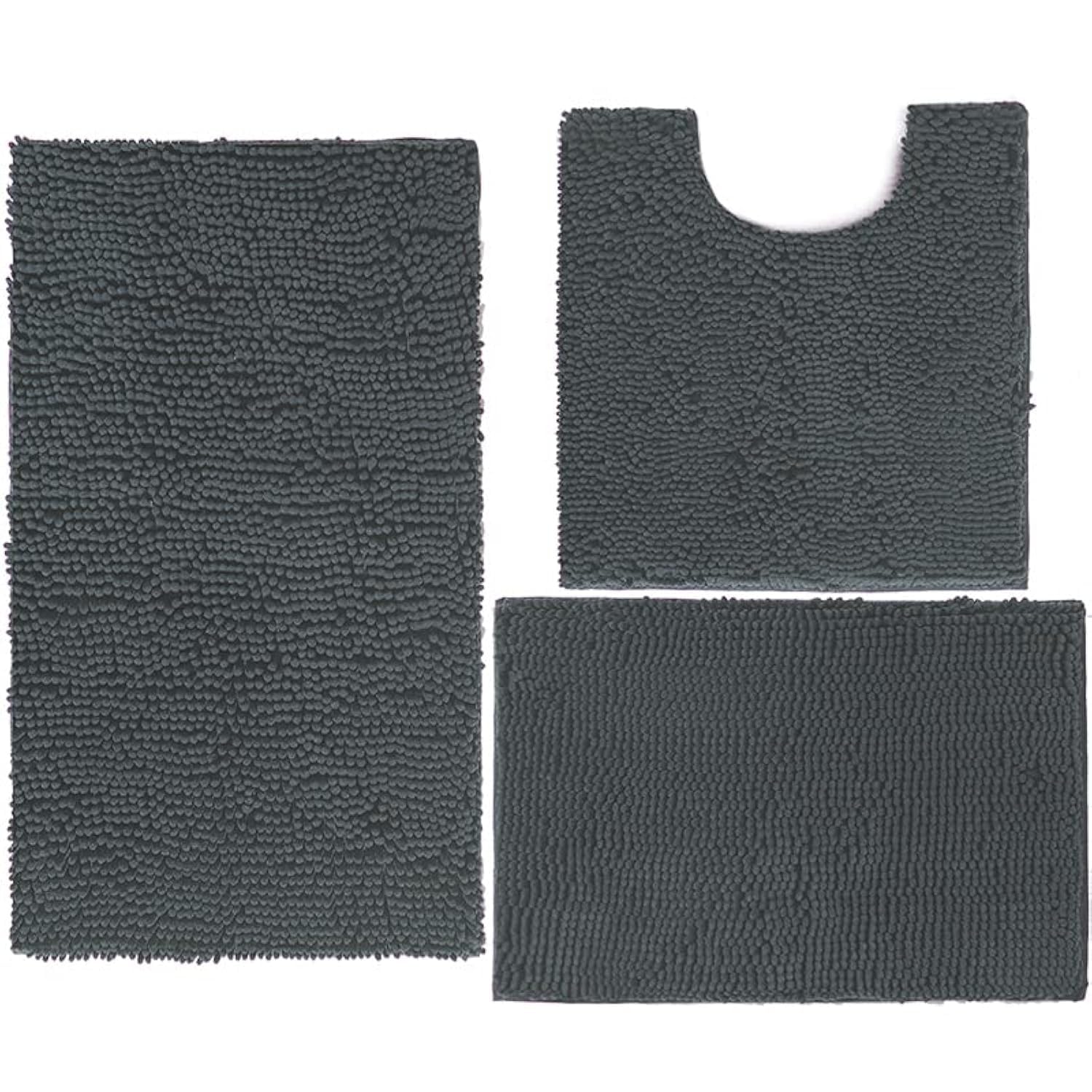 Madeals Juego de alfombras de baño de chenilla, 3 piezas, alfombras de contorno de baño, suaves y peludas, 2 piezas, alfombrilla de ducha y alfombra de inodoro en forma de U, gris oscuro