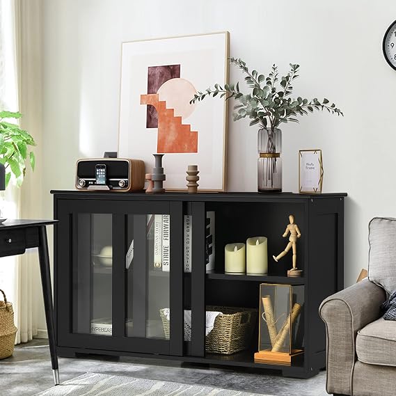 GLOBALWAY, Stackable Storage Cabinet with Height Adjustable Shelves & Glass Sliding Doors, Cupboard Server Buffet Console Kitchen Sideboard, Black