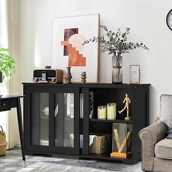 GLOBALWAY, Stackable Storage Cabinet with Height Adjustable Shelves & Glass Sliding Doors, Cupboard Server Buffet Console Kitchen Sideboard, Black