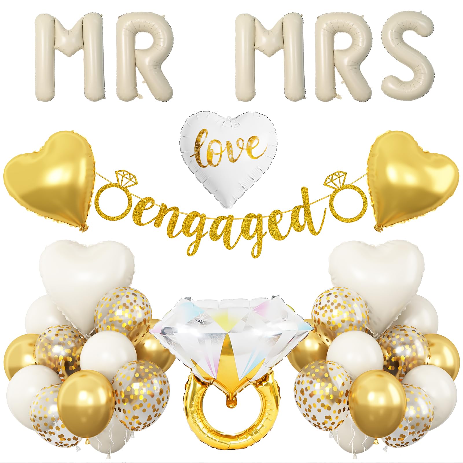 Decoraciones de fiesta de compromiso blanco arena, decoración de globos de MR y MRS, globos de confeti de oro blanco, corazón de amor y anillo de diamante con pancarta de compromiso para decoración de