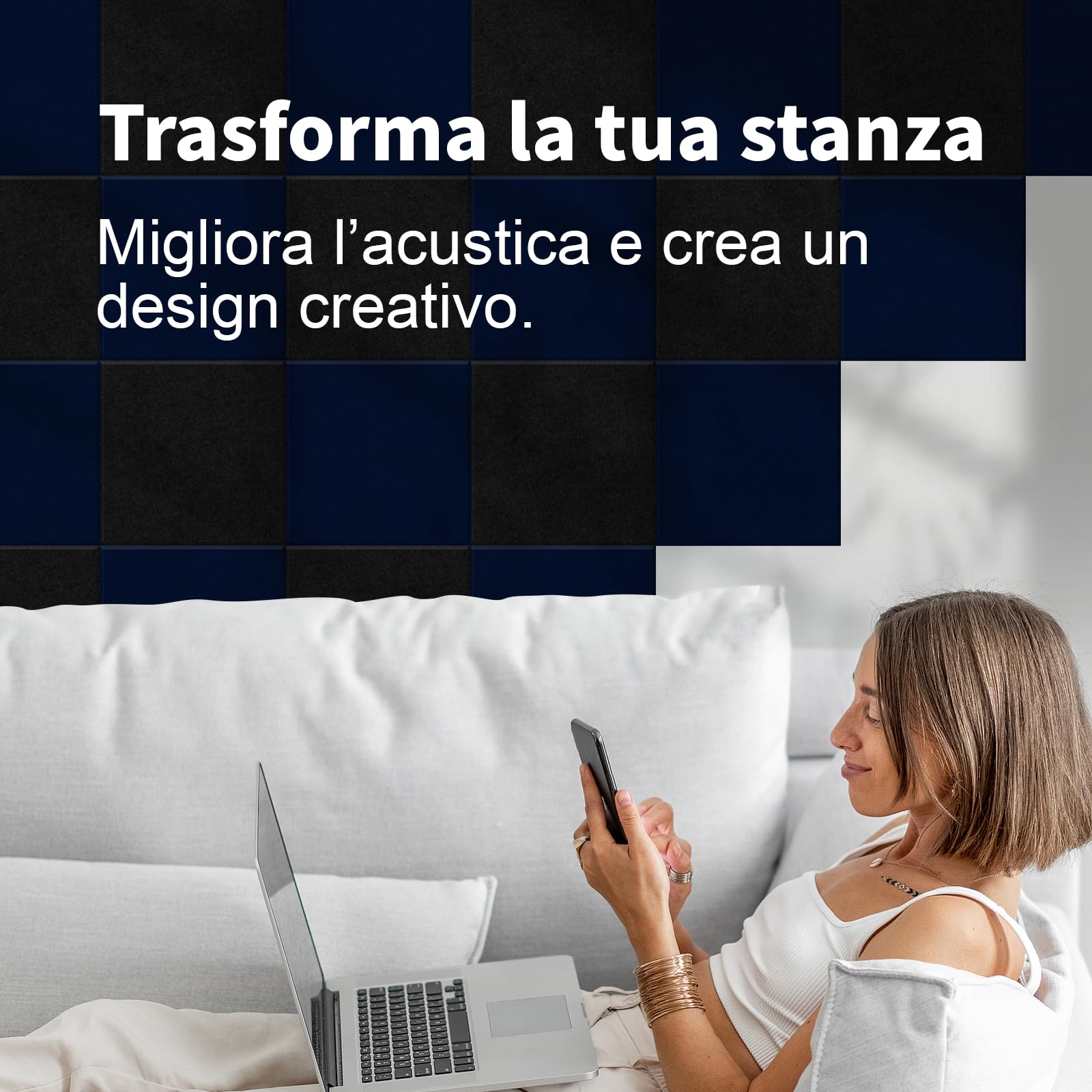 36 pezzi Pannello Fonoassorbente Quadrati Autoadesivi,Insonorizzazione Stanza,Copertura 3.24㎡,Alta Densità 230kg/m³ NRC 0.95, Pannelli Fonoassorbenti Decorativi,per Pareti e Porte,Sala Giochi