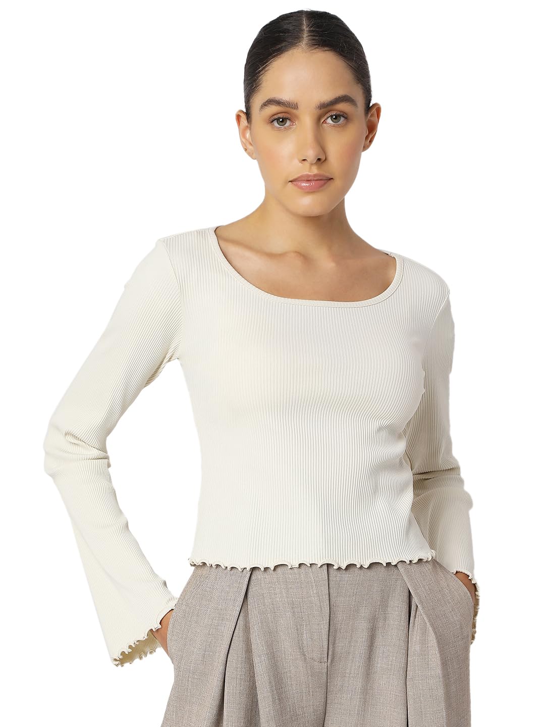 Vero Moda Women Cotton Solid Slim Fit Full Sleeves Top | Lettuce Hemline in neutral