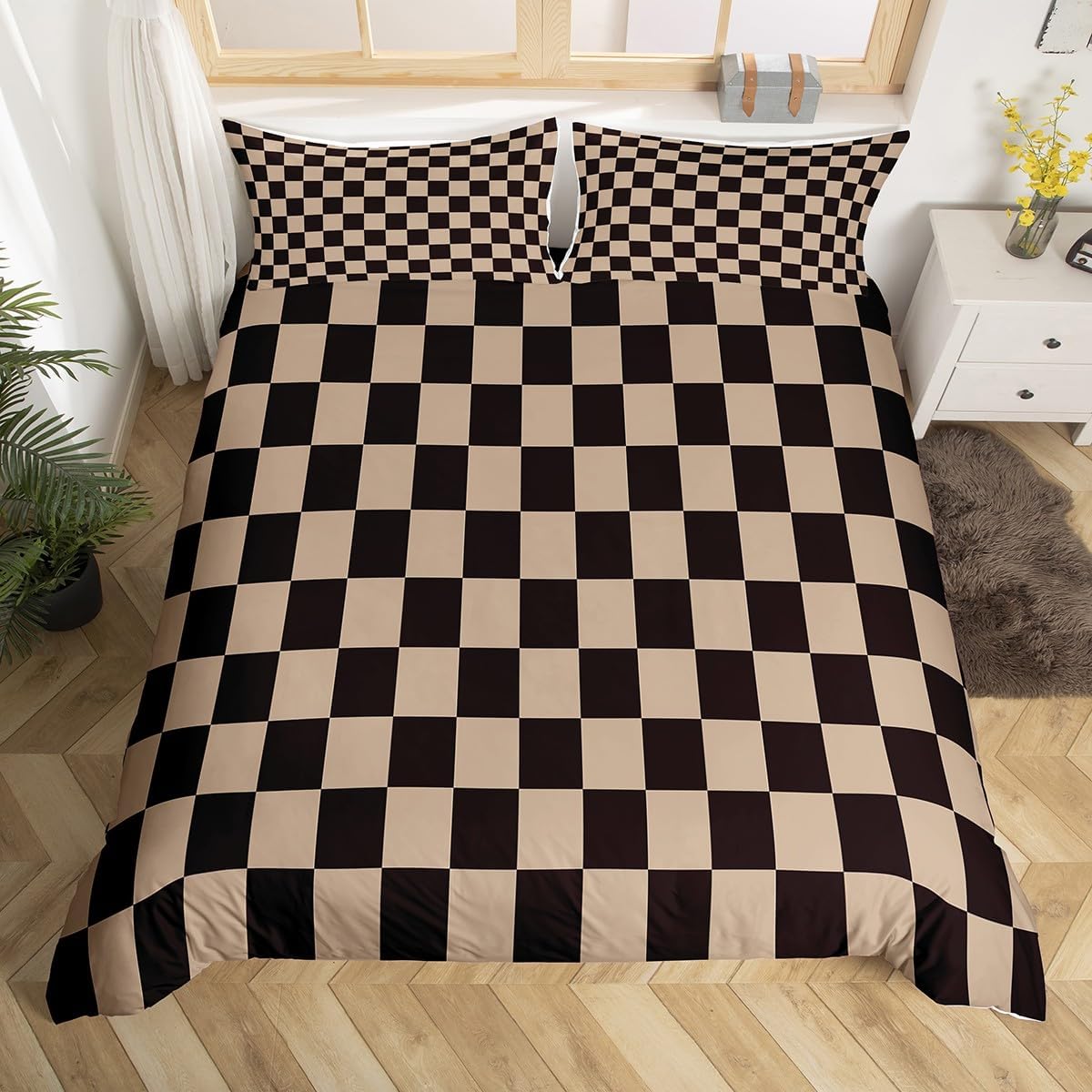 Erosebridal Geometric Grids Comforter Cover Twin Black and Brown Bedding Set Aesthetic Checkerboard Duvet Cover for Kids Boys Girls,Modern Fashion Bed Set