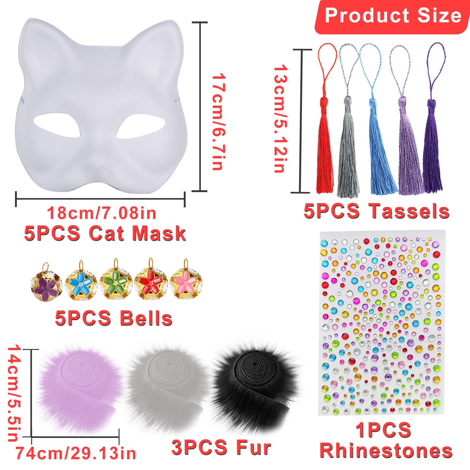 5 Pezzi Maschera Gatto, Therian Mask con Nappe, Campanelle, Pelliccia, Adesivi Cristallo, Maschere Carta Dipinte Mano, Maschera da Gatto Adatto per DIY Halloween Mardi Gras Festa Maschera (Bianco)