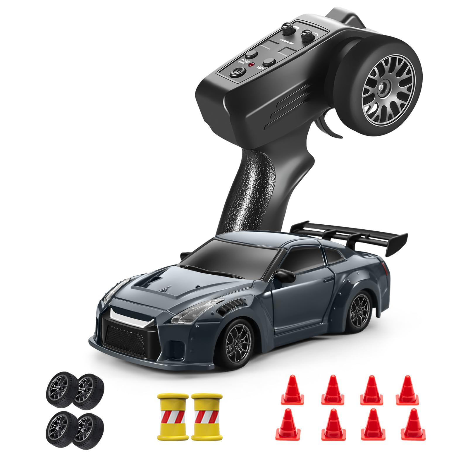 ACAMMZAR Mini RC Drift Car with Gyro, 1:43 4WD Full Proportional RC Cars, 18KM/H High Speed Remote Control Car with Lights, Extra Racing Tires, Vehicle for Adults Kids Boys, Gray
