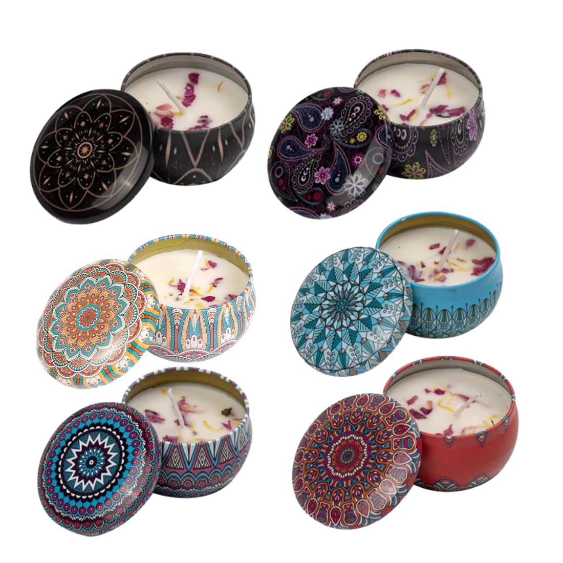 Set 6 Velas Perfumadas de Cera de Soja en Lata con Diseño Mandala, 6 Aromas Diferentes, Duración 15h, para Aromaterapia, Regalo para Mujer, Aniversario