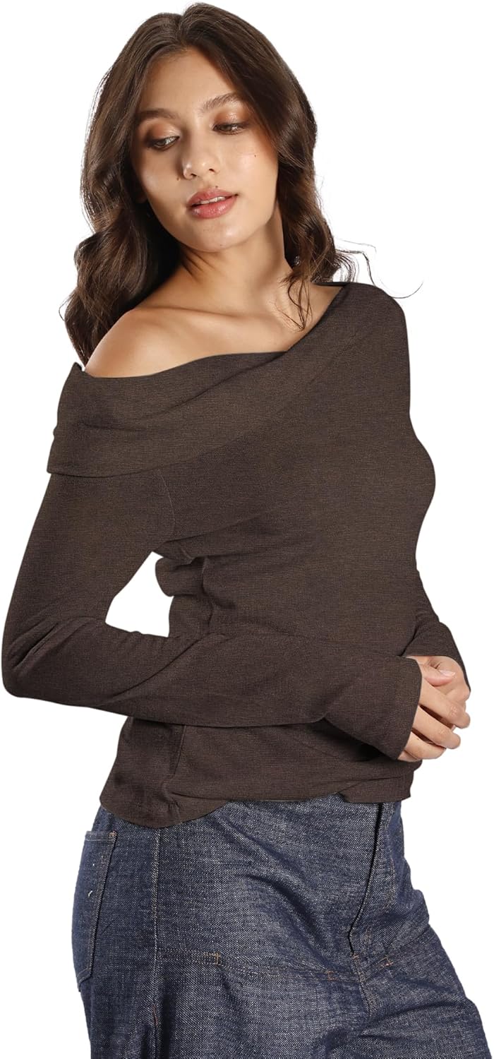 Women's Off The Shoulder Tops Long Sleeve T Shirt for Women Y2K Slim Fit Going Out Crop Top for Fall Winter - Image 3