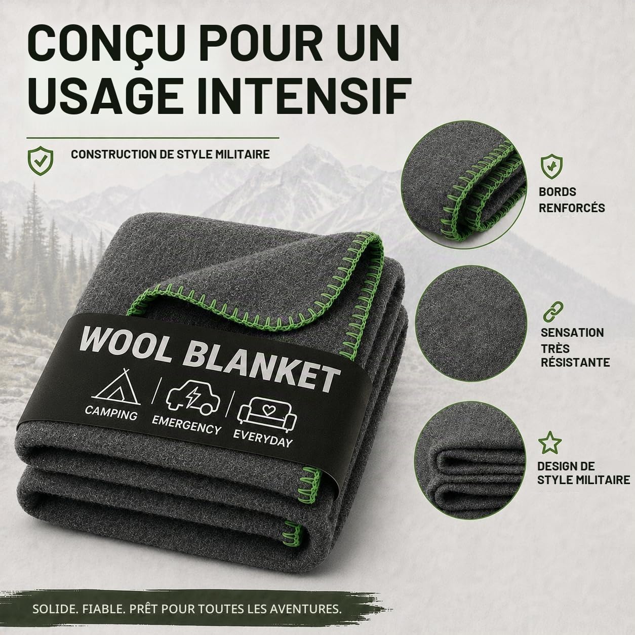 Jmr USA Inc. Couverture Militaire en Laine pour Camping, Urgence et Utilisation Quotidienne, Ignifuge, Extra épaisse et Chaude, 70% Laine, Gris, Taille 157,5 x 213,4 cm.