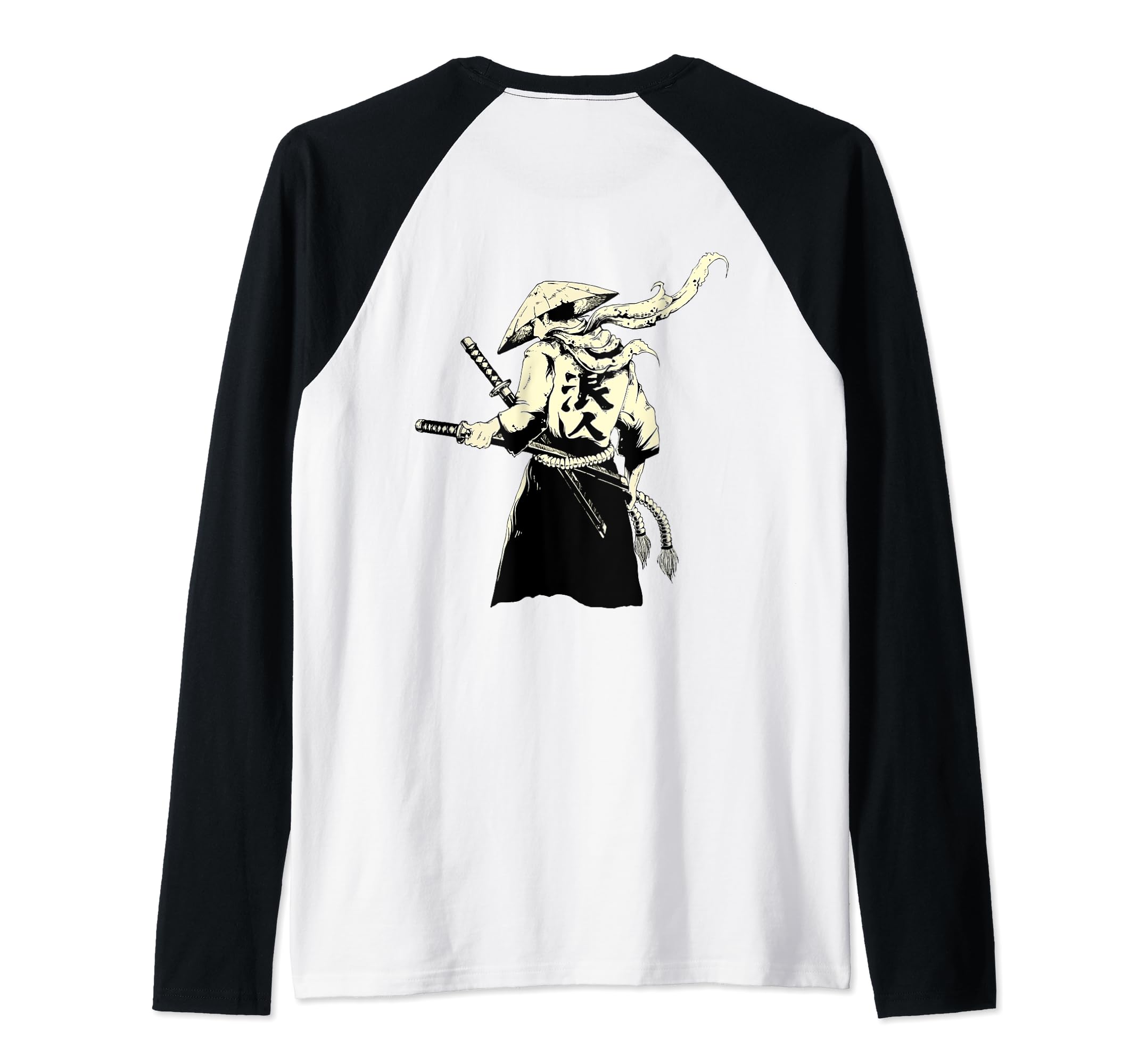 Neko Kaiju Ukiyo-e Kanagawa Ukiyoe Yokai WhimsicalSwords Swordsman Samurai Three Katana Bushido ART ON BACK Raglan Baseball Tee