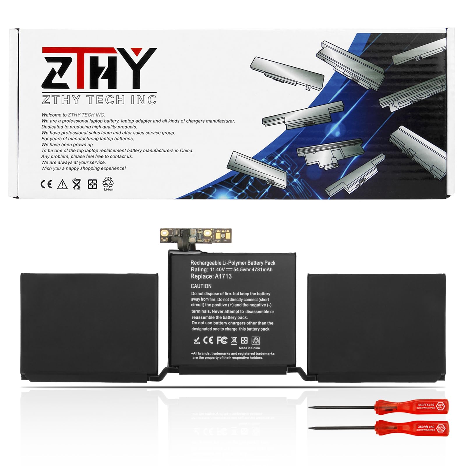 ZTHY 54.5Wh A1713 Laptop Battery Replacement for Pro 13'' inch A1708 Late 2016 Mid 2017 Series MLL42LL/A MLUQ2LL/A EMC 2978 3164 020-00946 11.4V 4781mAh with Tools