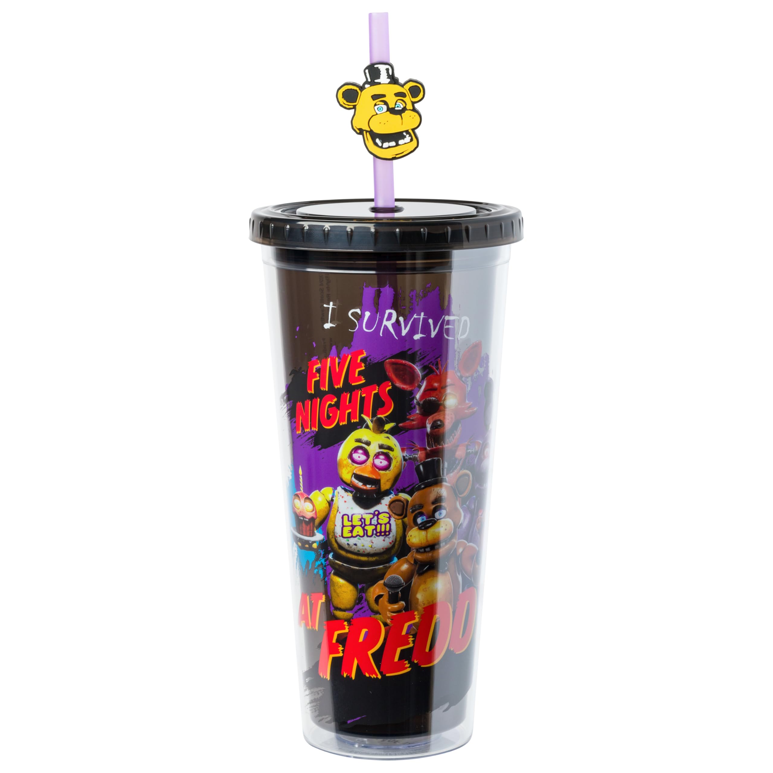 Five Nights at Freddy's Plastic Cold Cup with Lid and Straw Topper Featuring Freddy Fazbear, Foxy, Chica, and Bonnie, 24 Ounces