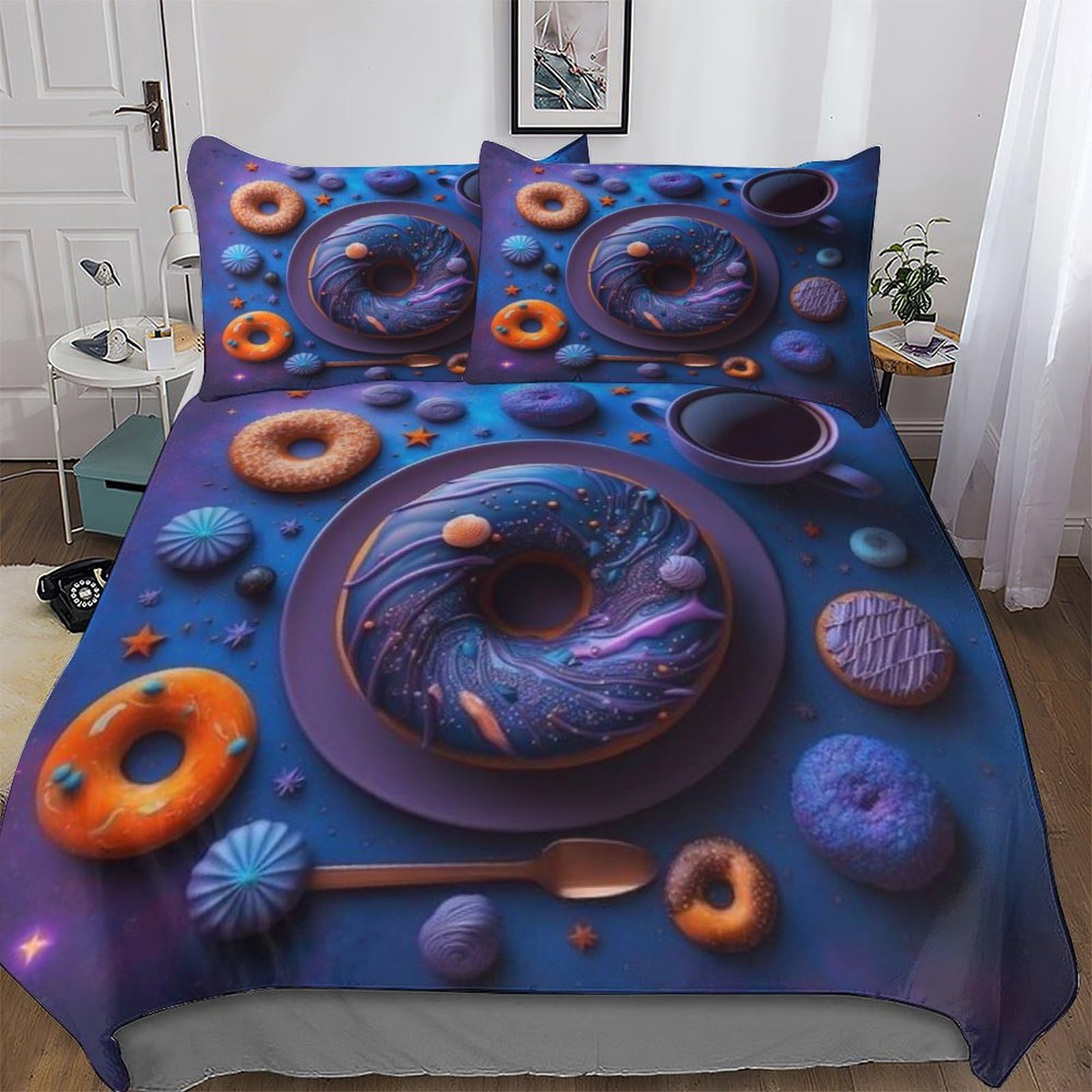 Parure de lit beignets cookies king 220x240cm avec 3 pièces en microfibre
