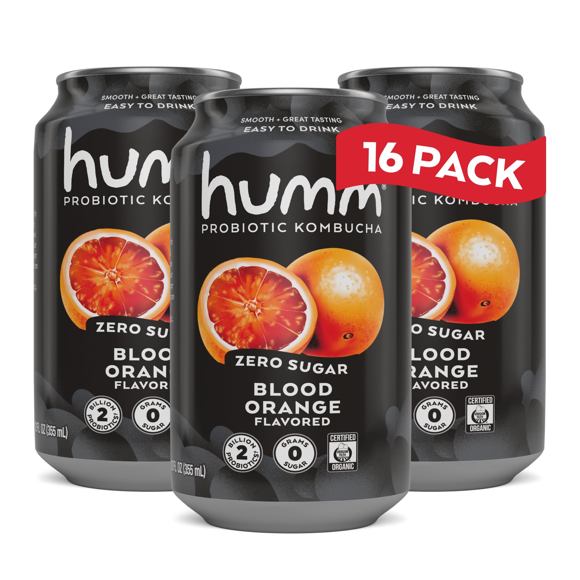 Humm Probiotic Kombucha Zero Sugar Blood Orange, No Refrigeration Needed, Keto Friendly, Organic, Vegan, Gluten Free, 12oz Cans (16 Pack)