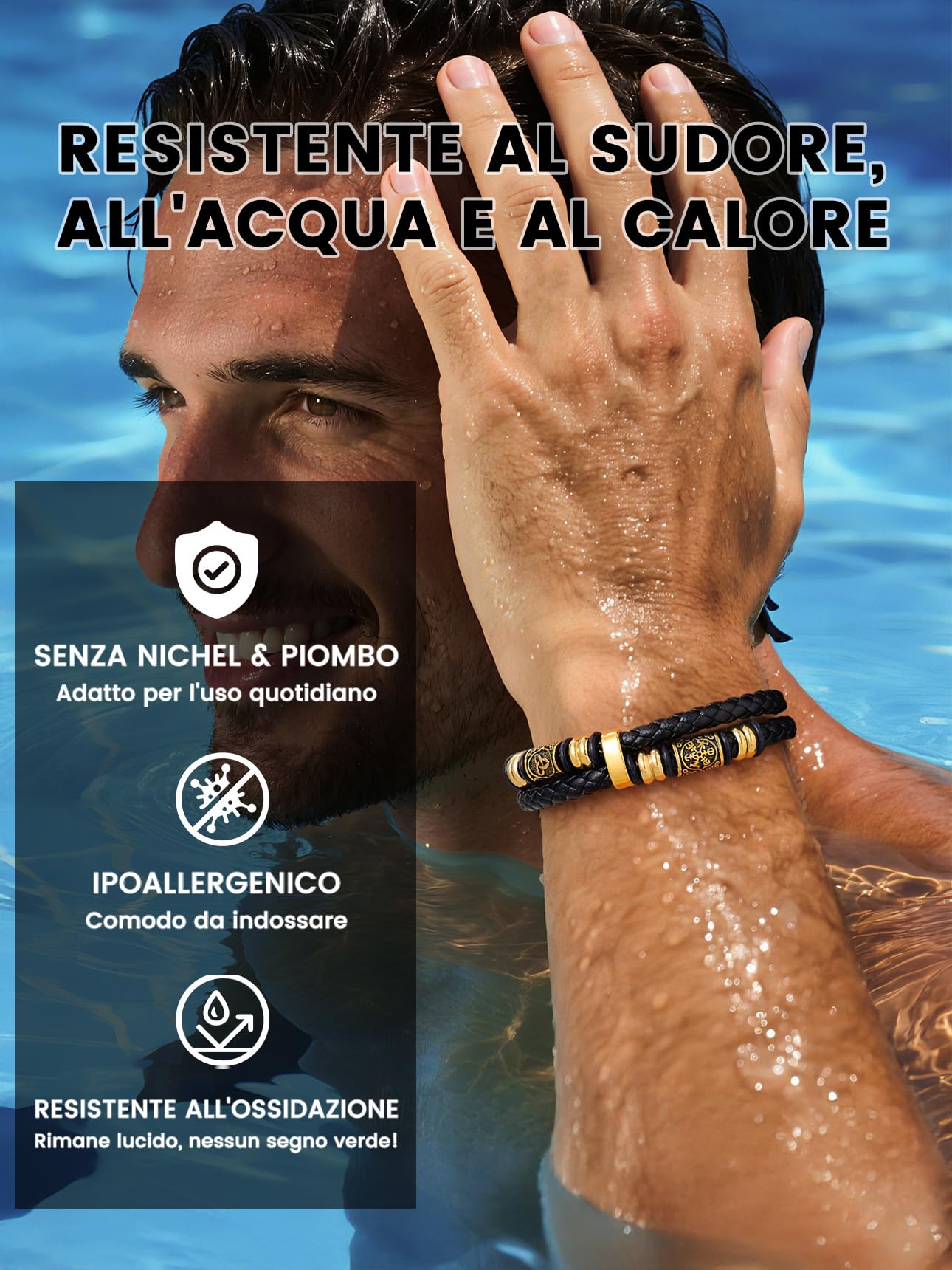 Bestyle Brcciale Uomo in Pelle Bussola Vichinga Chiusura Magnetica Elementi Vichinghi Bracciali Multistrato Impermeabile e Resistente al Sudore 19/21/23CM