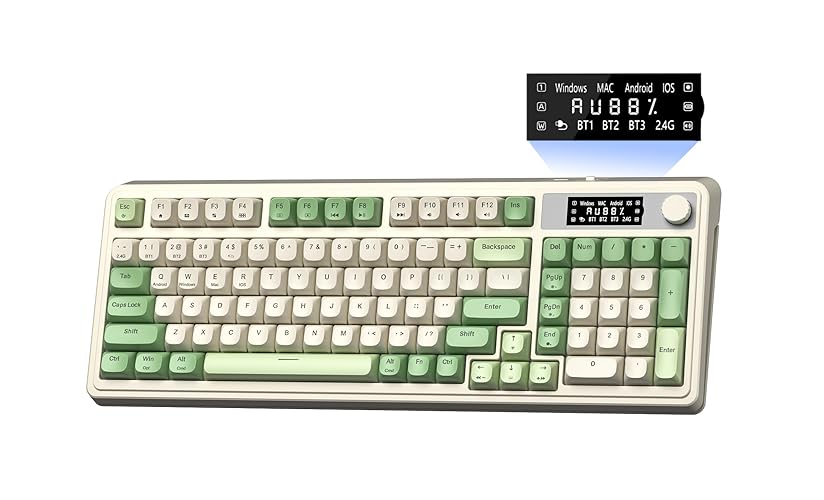 AULA S99 Pro Wireless Keyboard, Display Screen & Media Knob, Tri-Mode Bluetooth/2.4G/USB-C RGB Creamy Gaming Keyboard with Number Pad Macro Keys, Custom Computer Keyboards for Laptop PC Gamer - Green - Green White
