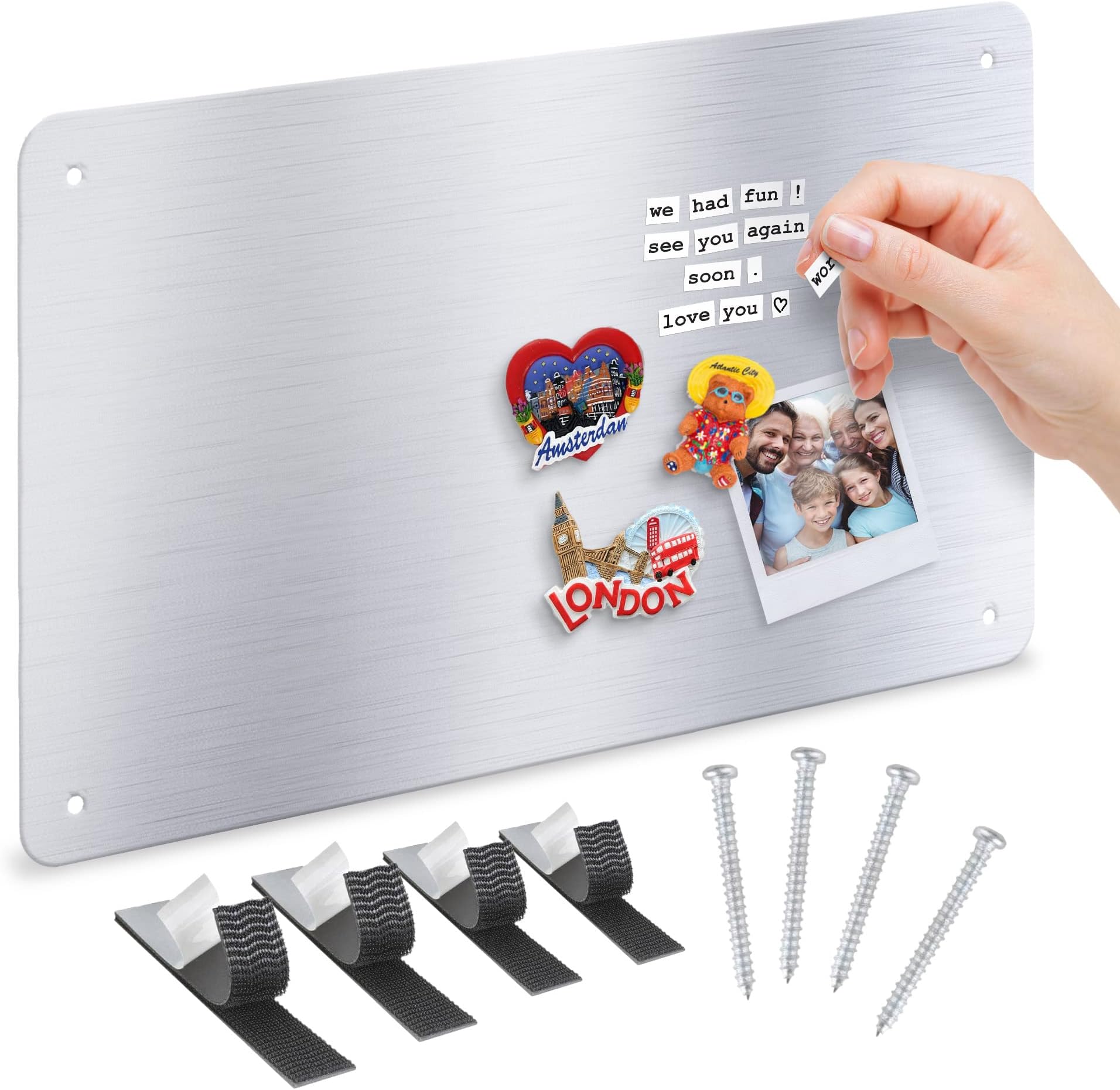Stainless Steel Metal Magnet Board - 17.5 x 11.5 Flat Silver Magnetic Board for Magnets and Bulletin Board - Includes Dual Lock Tape