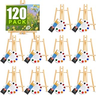 AROIC 120 PCS Painting Supplies Set with 10 PCS Wood Easels, 10 Packs of 100 Brushes with Nylon Brush Head and 10 PCS Palettes, Tabletop Wooden Art Easel for Adults Sip and Paint Party