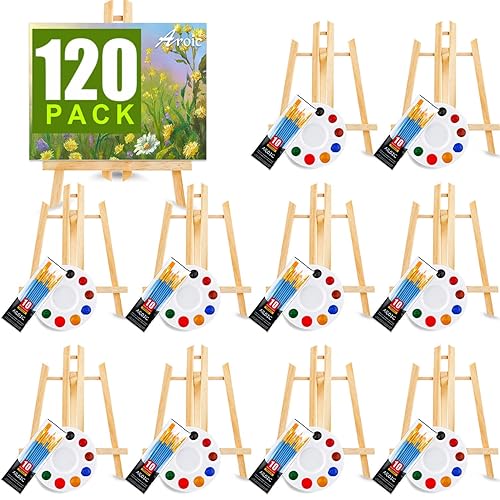 AROIC Juego de 120 piezas de suministros de pintura con 10 caballetes de madera, 10 paquetes de 100 pinceles con cabezal de cepillo de nailon y 10