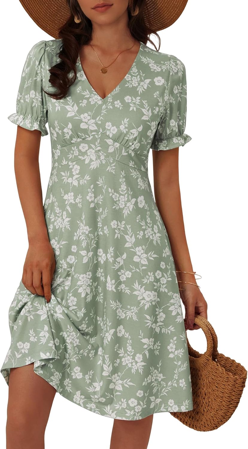 FENSACE Women's Summer Elegant Puff Sleeve V Neck Empire Waist A Line Knee Length Dress with Pockets