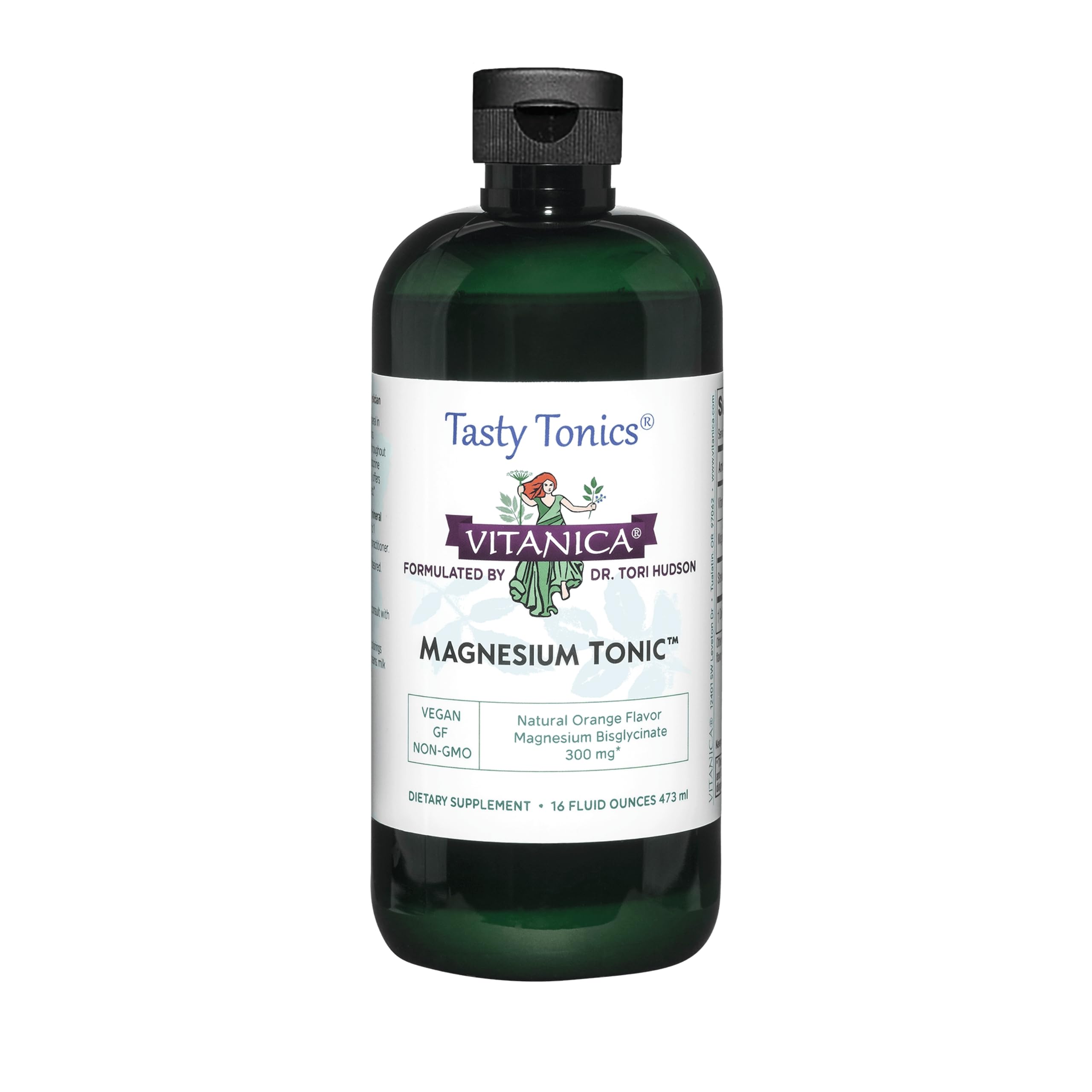 Vitanica Magnesium Tonic, Liquid Magnesium Bisglycinate Chelate 300 mg with Vitamin B6, Dr Formulated Supplement, Orange Flavor, Vegan, Gluten Free and Non-GMO,16 fl oz