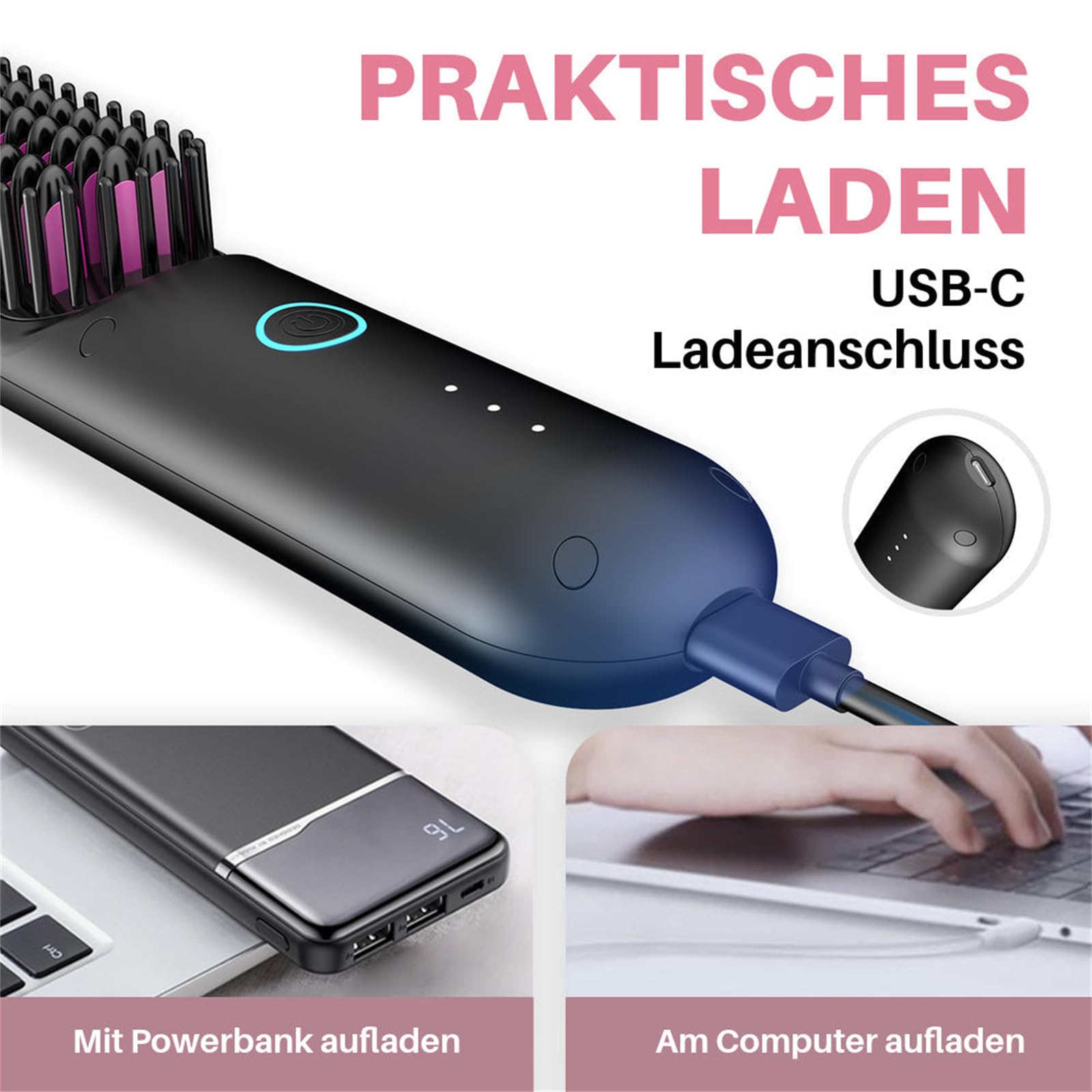 Eloura Berlin Eloura Tragbare Bürste – Glätten, Locken, Trocknen Kabellose Haarglättungsbürste mit Negativ Ionen Technologie für Frauen, ideal für unterwegs