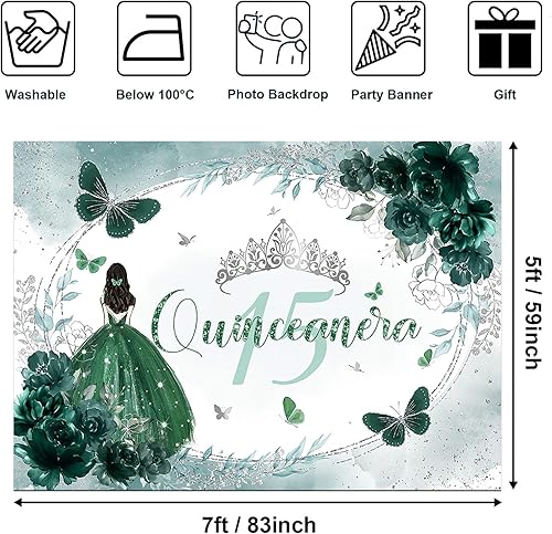 Miniatura 9 de Avezano Quinceañera - Telón de fondo de princesa número 15, vestido verde azulado para niñas de México, fondo dulce de 15 años, fondos de cumpleaños