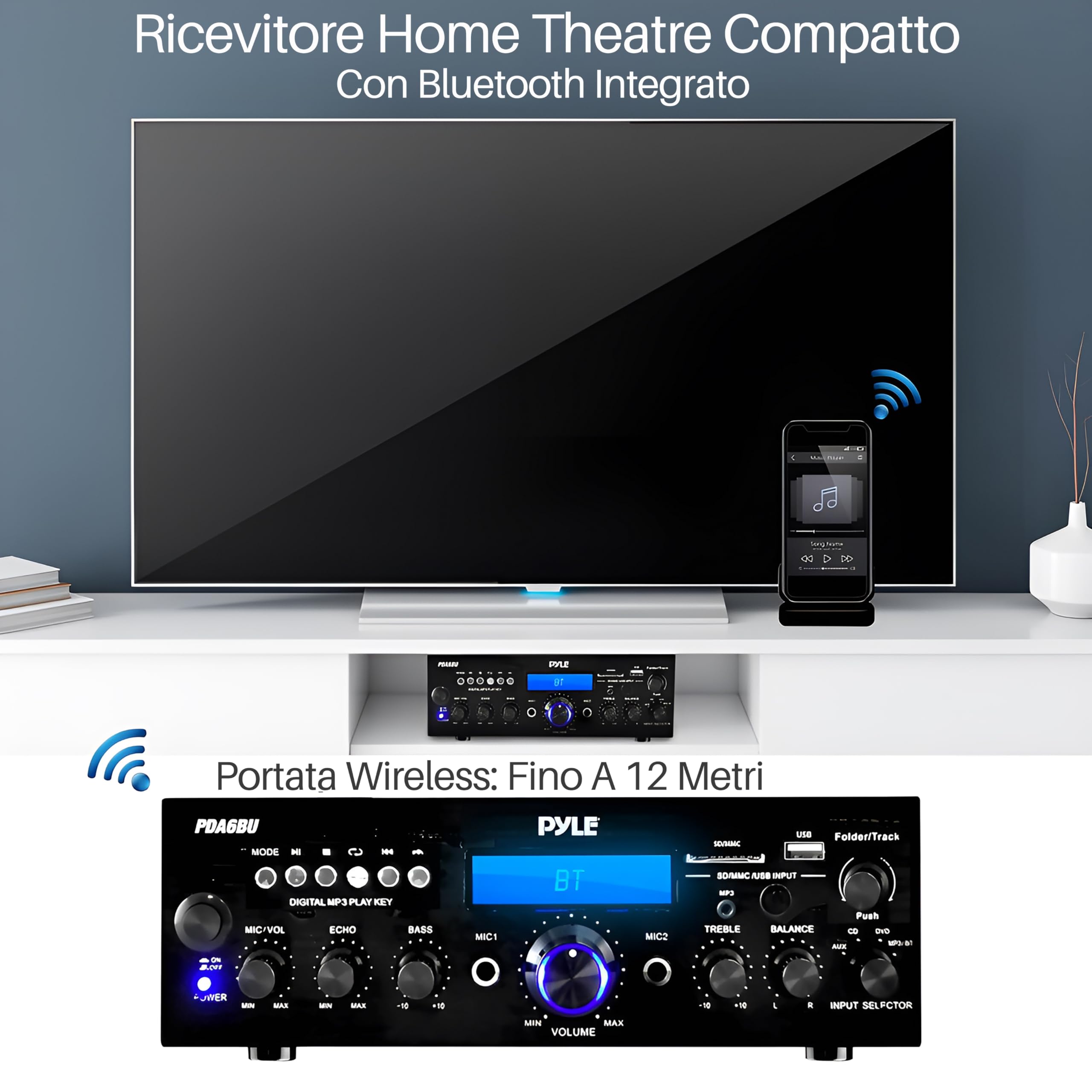 Pyle Sistema Amplificatore Audio Bluetooth, 200 Watt Potenza di Picco, Dual Channel, Audio Stereo, USB, SD, AUX, Ingresso MIC con Effetto Eco, Radio, Display LCD, Ingressi RCA