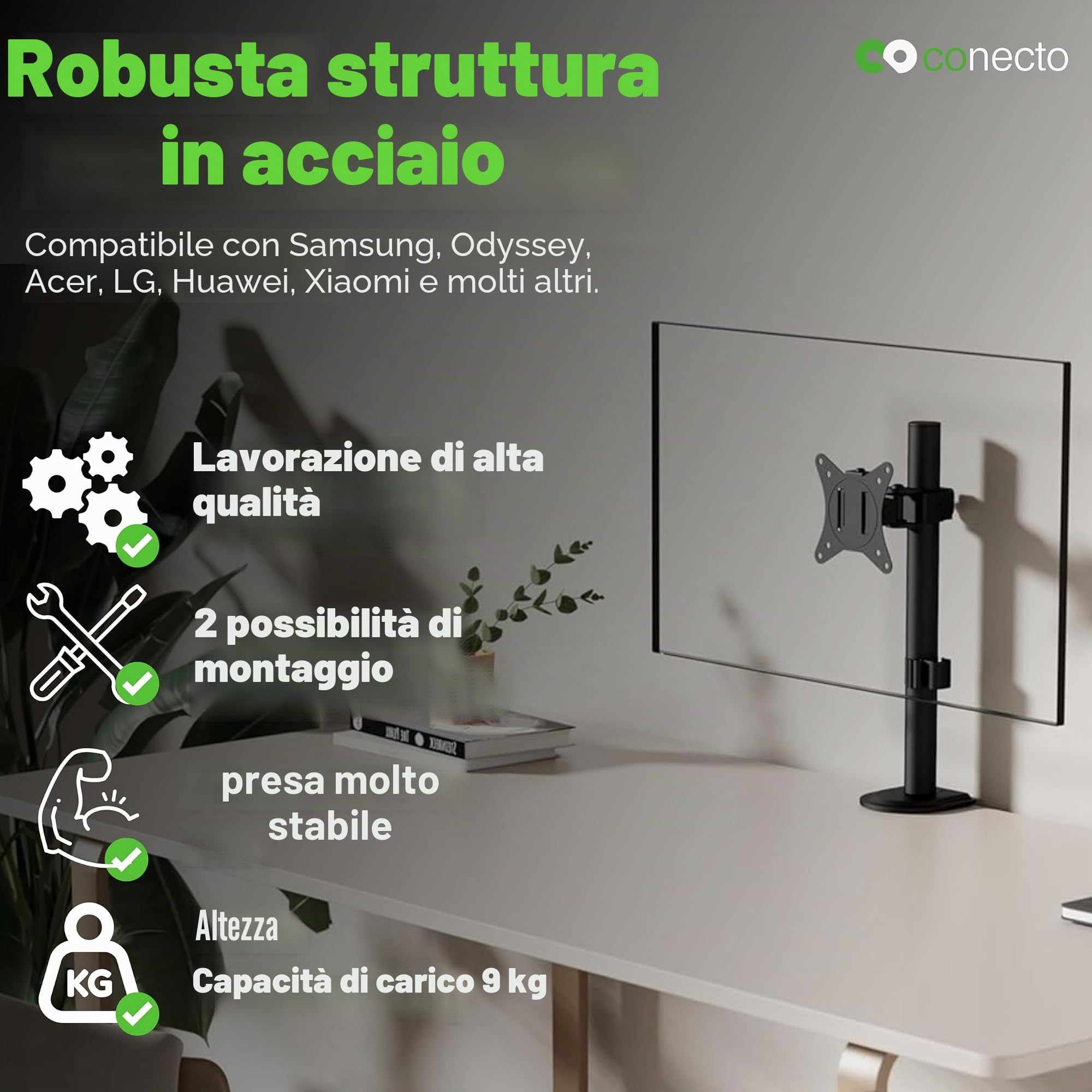 conecto Supporto per monitor regolabile in altezza per 1 schermo da 17 a 32 pollici, inclinabile e orientabile, VESA 75 e 100, supporto da tavolo, supporto per schermo, nero