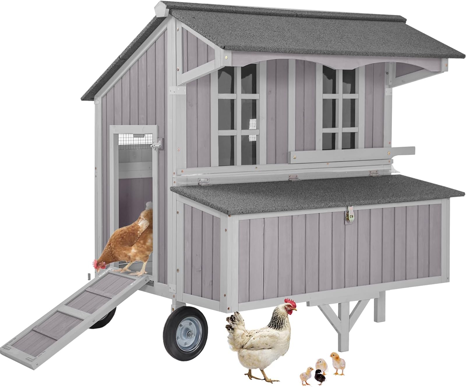 GUTINNEEN Chicken Coop with Wheels Mobile Chicken House Outdoor Hen Coop with Large Nesting Box, Movable