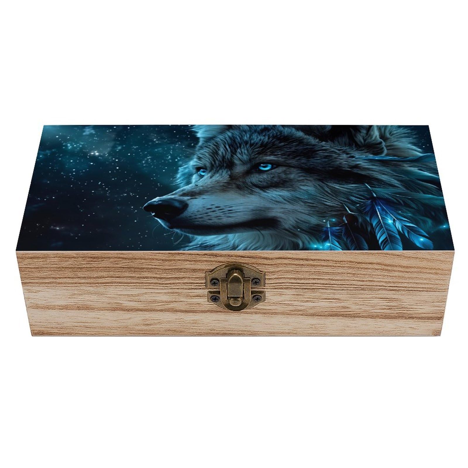 SMAZDFXX Wolf With Feathers And Stars Wooden Keepsake Box Vintage Solid Wood with Hinged Lid 7.9"×3.7"×2.3" Metal Latch Rustic Home Decor for Jewelry Photos And Trinkets
