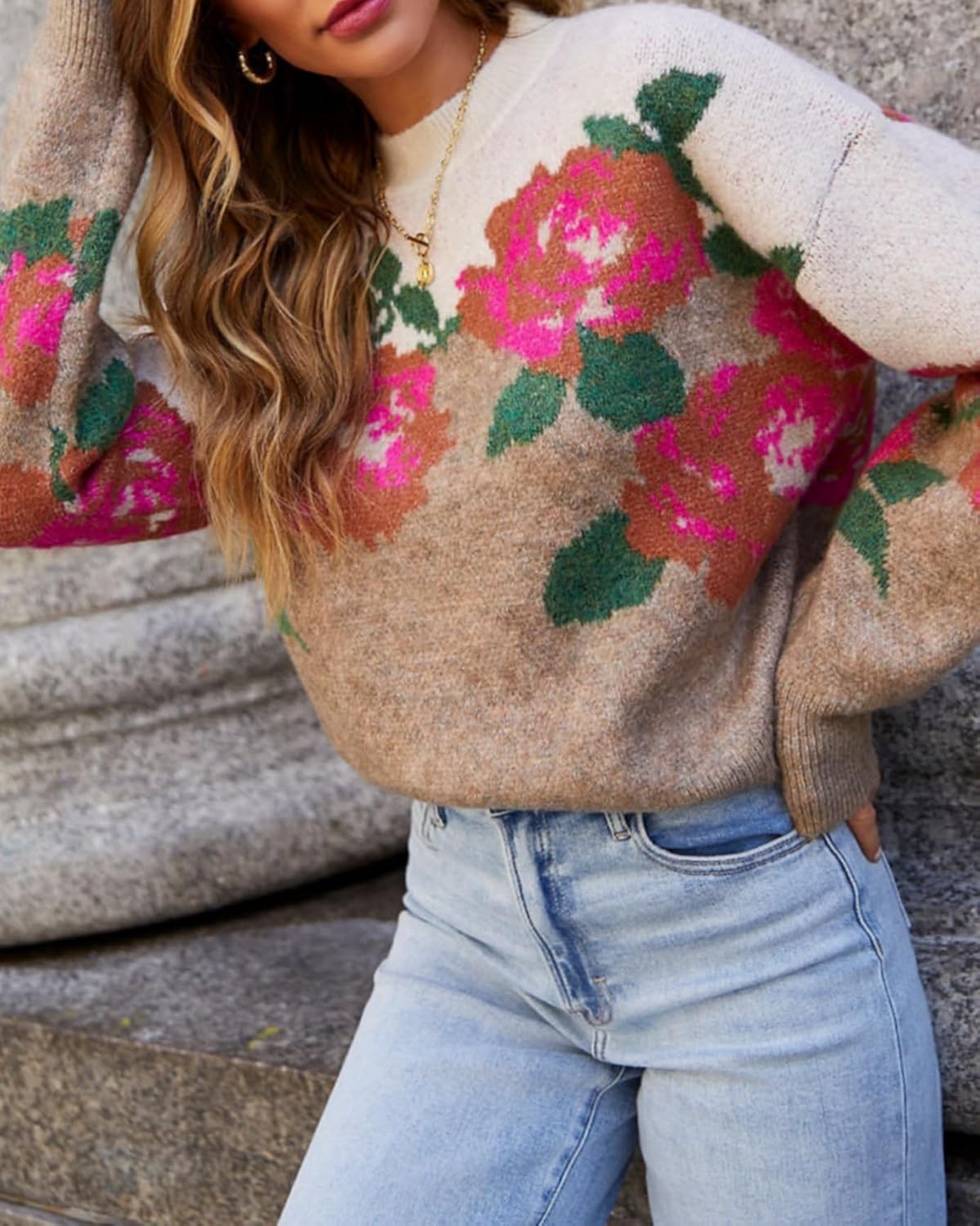 Women's Flower Sweater Crew Neck Casual Long Sleeve Drop Shoulder Pullover Sweaters Knit Top - Image 4