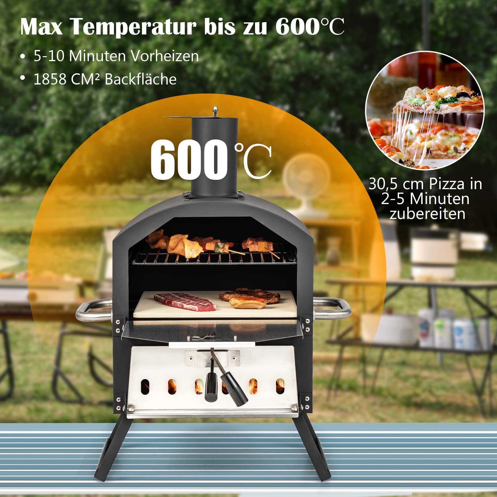 GYMAX Tragbarer Pizzaofen, Pizzabäcker mit klappbaren Beinen & Griffen, holzbefeuerter Pizzagrill mit 2-stöckigem Design & verstellbaren Belüftungsöffnungen, Holzbackofen mit Pizzastein