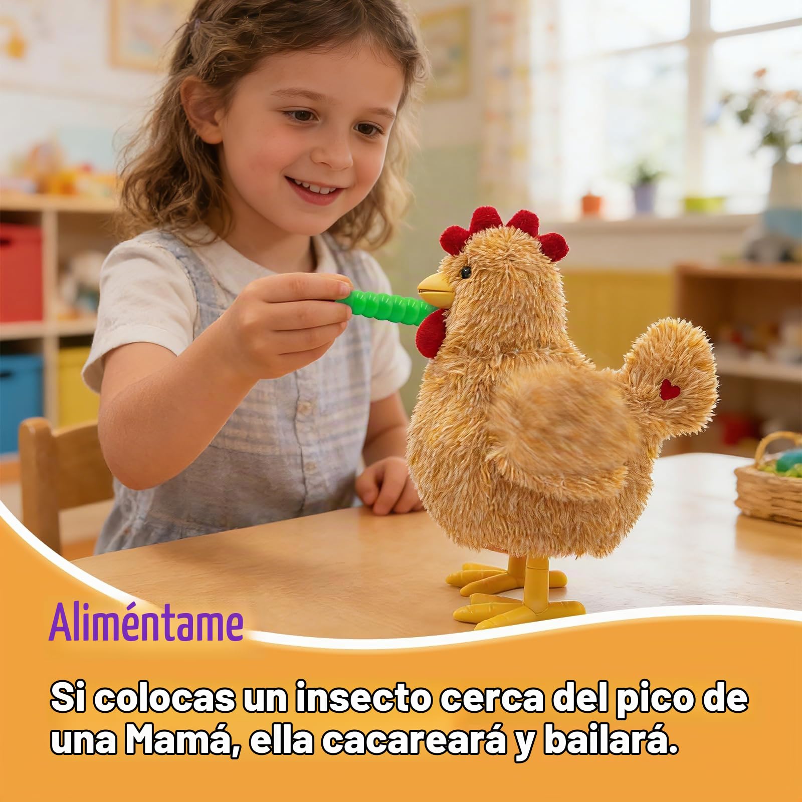 YH YUHUNG Juguetes de peluche interactivos mamá gallina, canta y pone huevos, animal electrónico de granja para niños pequeños a partir de 3 años, con pollitos y gusano de alimentación (Amarillo)