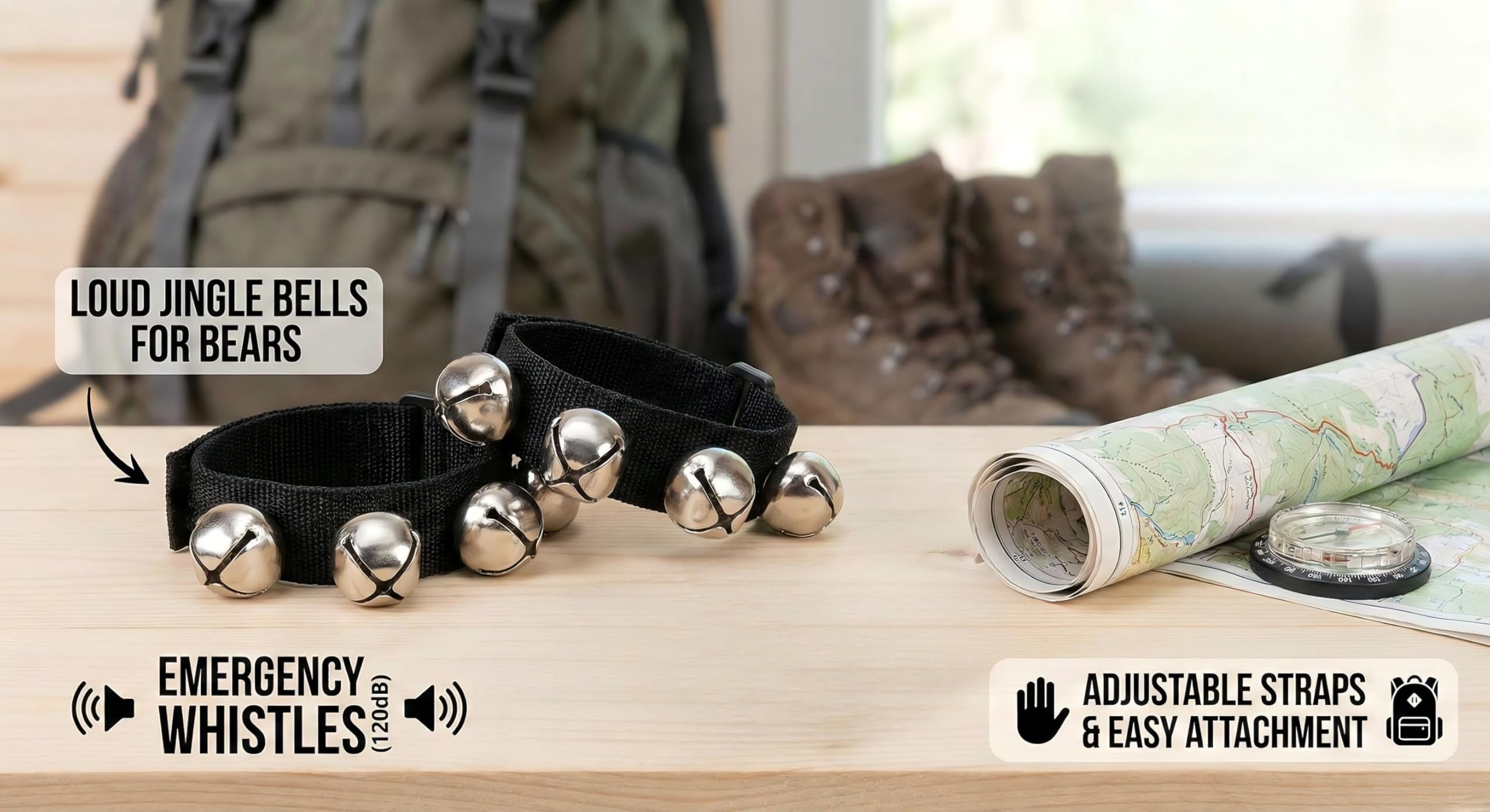 Bear Spray Set - 2 Campanas para Osos y 2 Silbatos de Seguridad para Actividades al Aire Libre