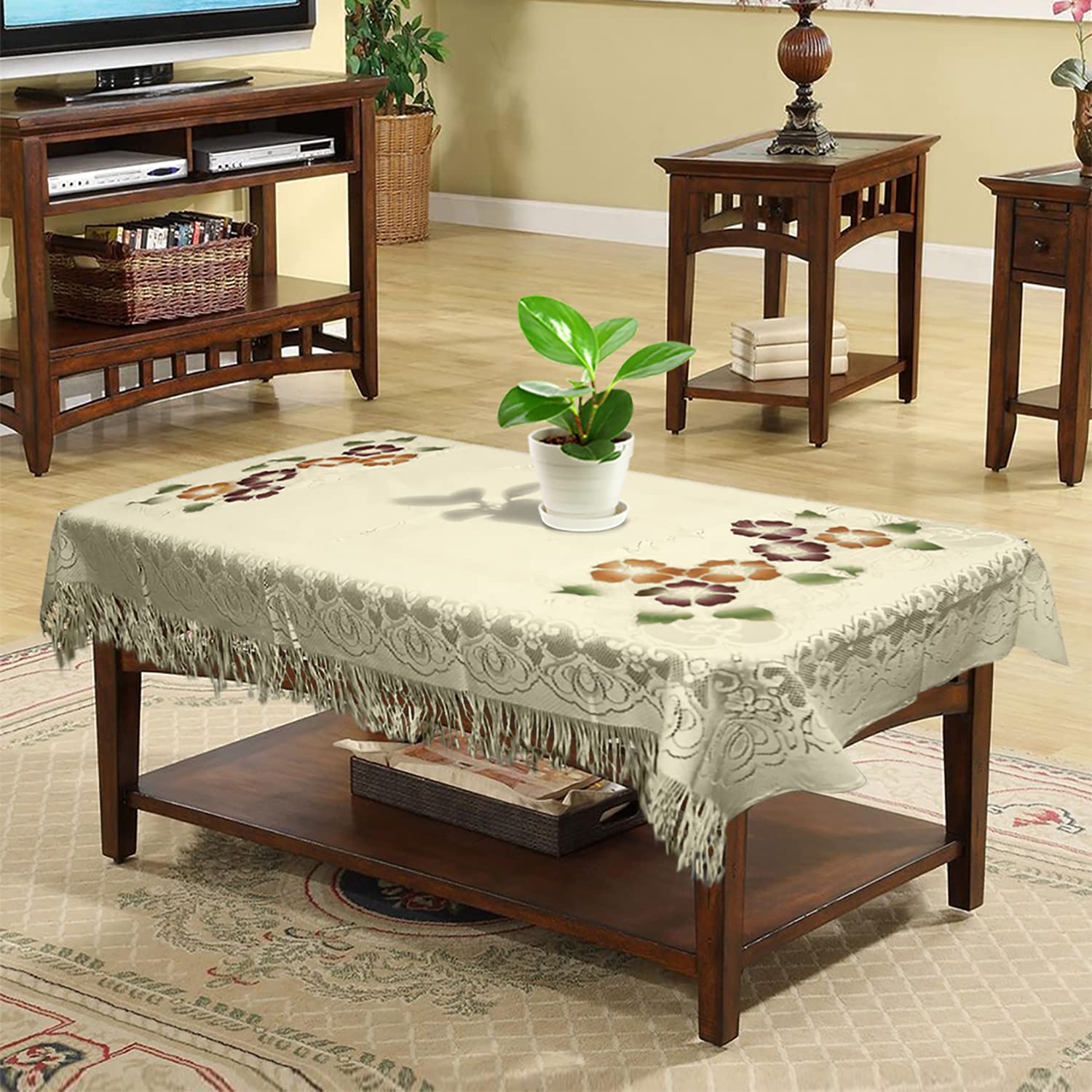 Kuber Industries Flower Printed Cotton 4 Seater Center Table Cover with Jhalar Border, 40"x60" (Cream)-44KM0115