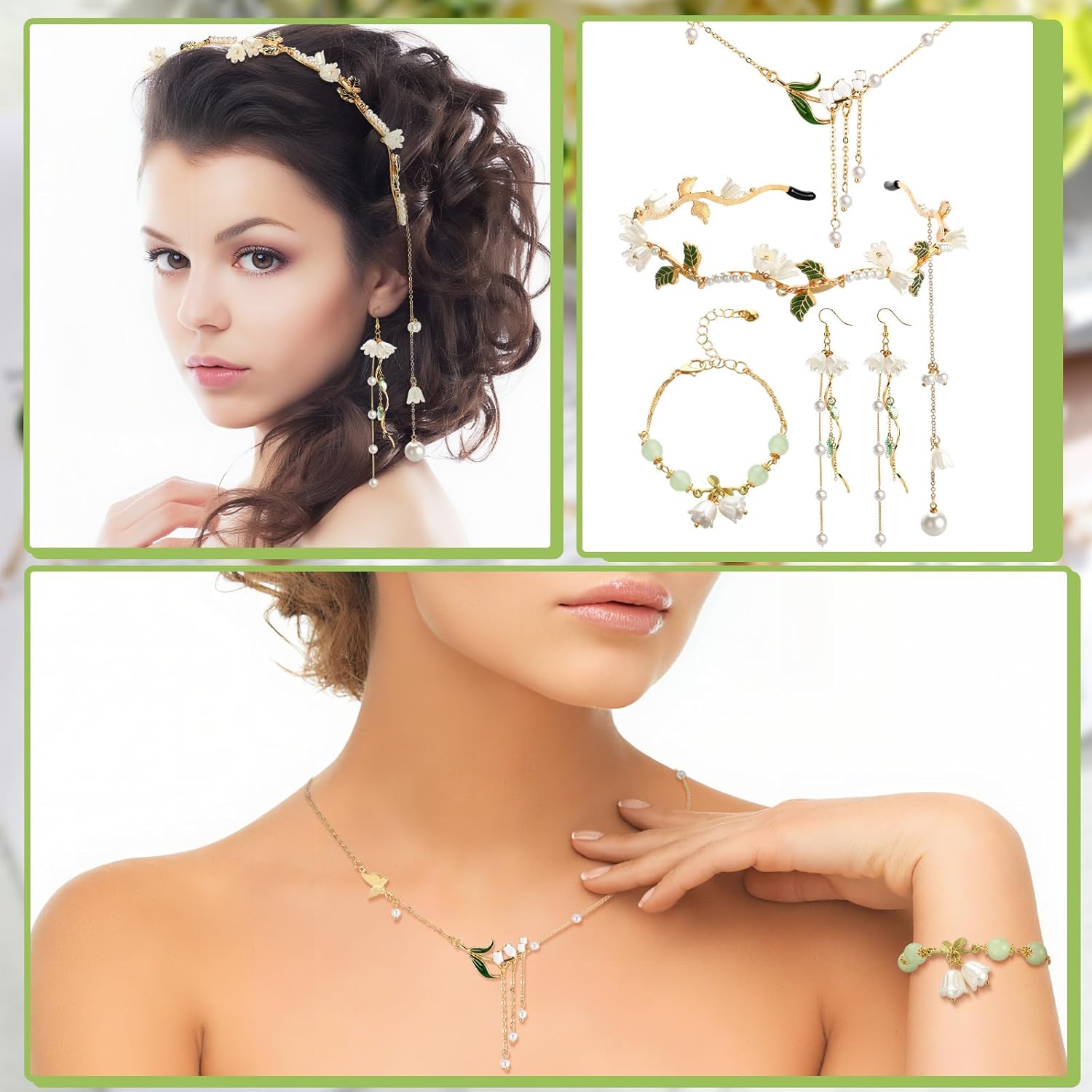 Quelay 4 Pcs Lily of the Valley Fairy Jewelry Set Flower Necklace Bracelet Renaissance Earrings Headband Floral Headdress - Image 7