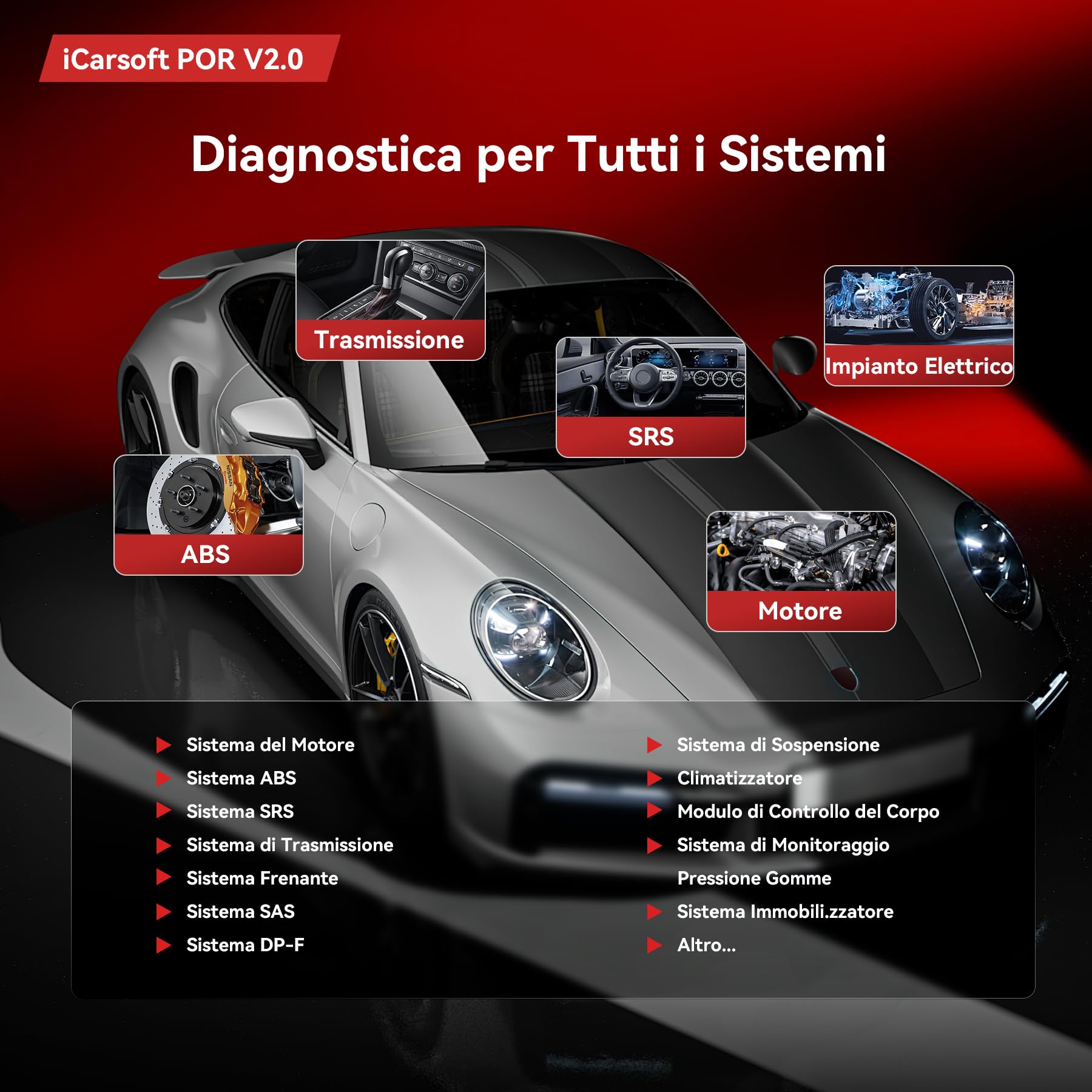iCarsoft POR V2.0 OBD2 Auto Diagnostica per Porsche/Cayenne/Macan, Diagnosi Auto in Italiano Tutti i Sistemi, 9 Funzioni di Ripristino, Olio/EPB/BMS/ETC/SAS/INJ/TPMS/DP-F/ABS, Aggiornamento a Vita